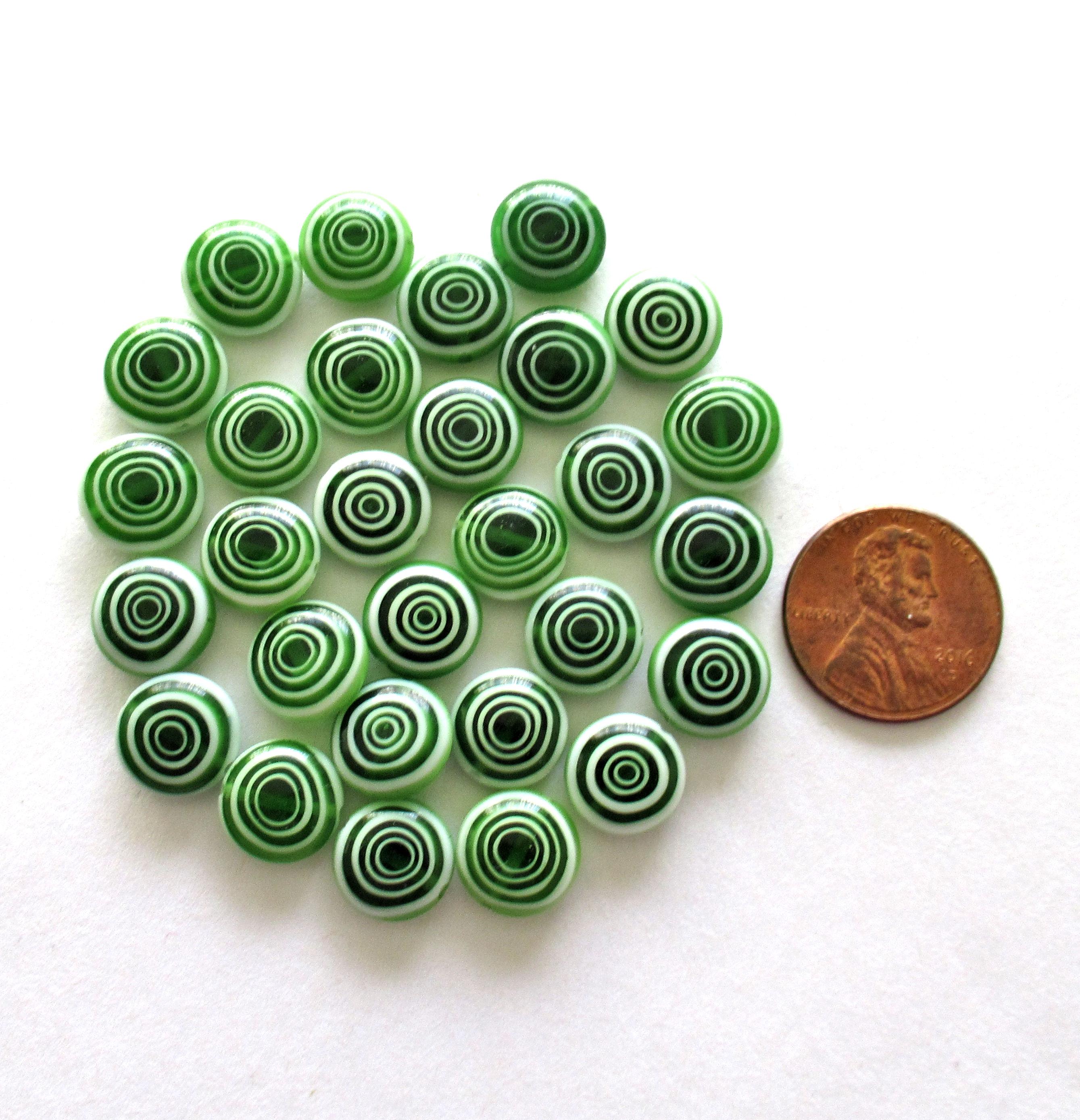 Ten 10mm glass coin beads - emerald green and white disc beads - target or concentric circles beads - C0001