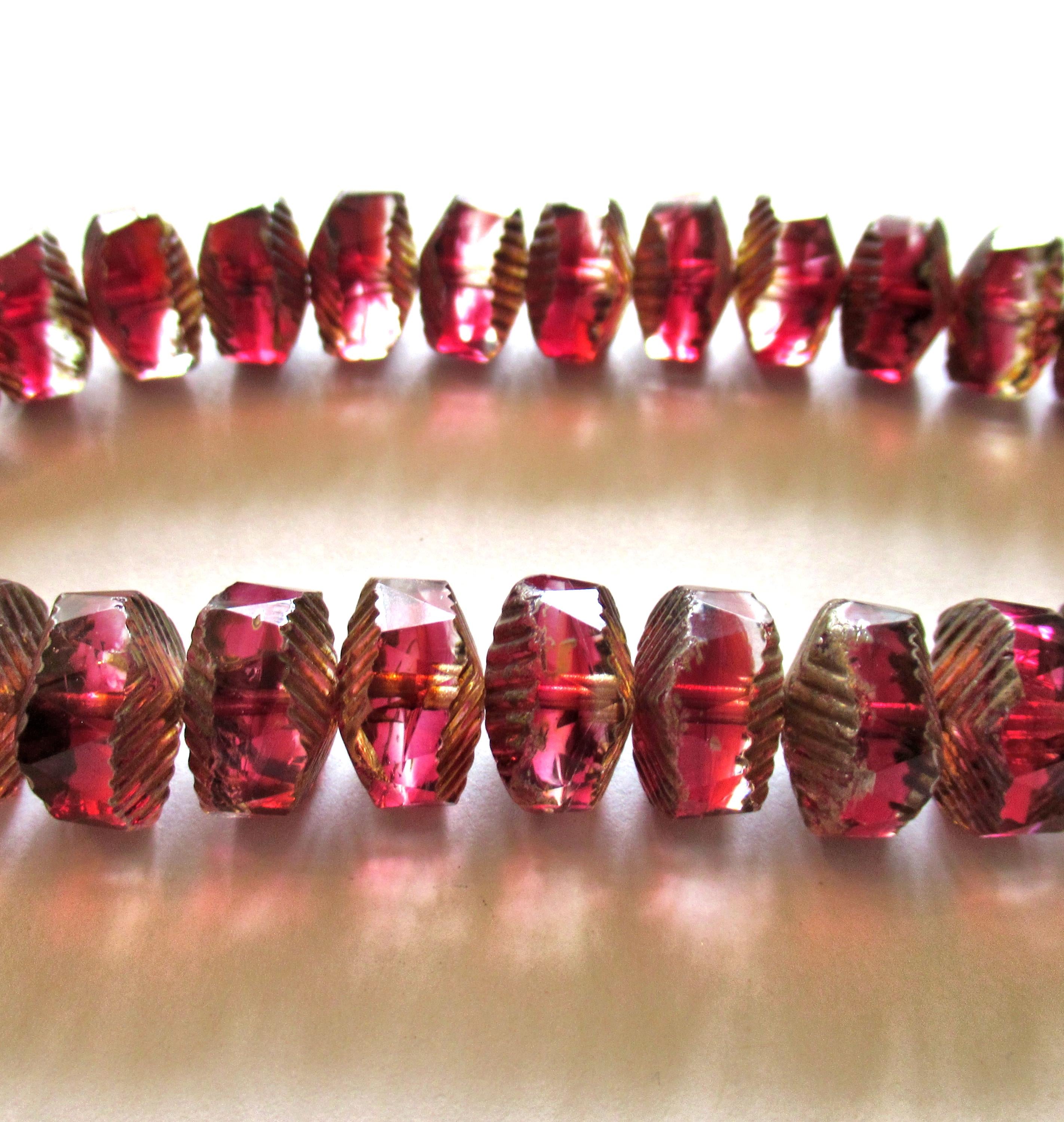 6 Czech glass faceted wavy rondelle beads - large 14 x 6mm deep raspberry pink & crystal chunky statement or focal beads - C00991