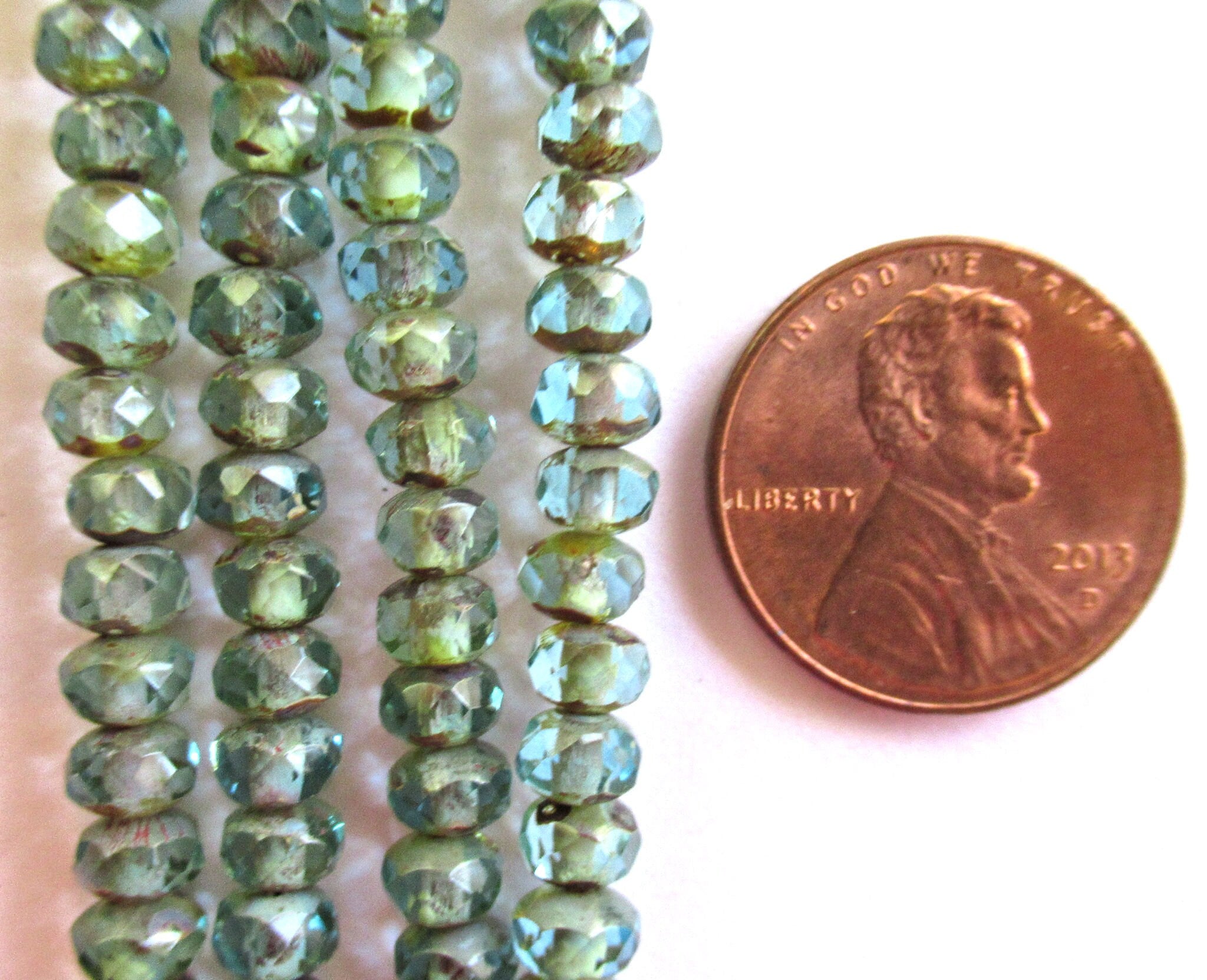 38 small Czech glass puffy rondelle spacer beads - 3 x 5mm faceted aqua blue picasso rondelles C0036