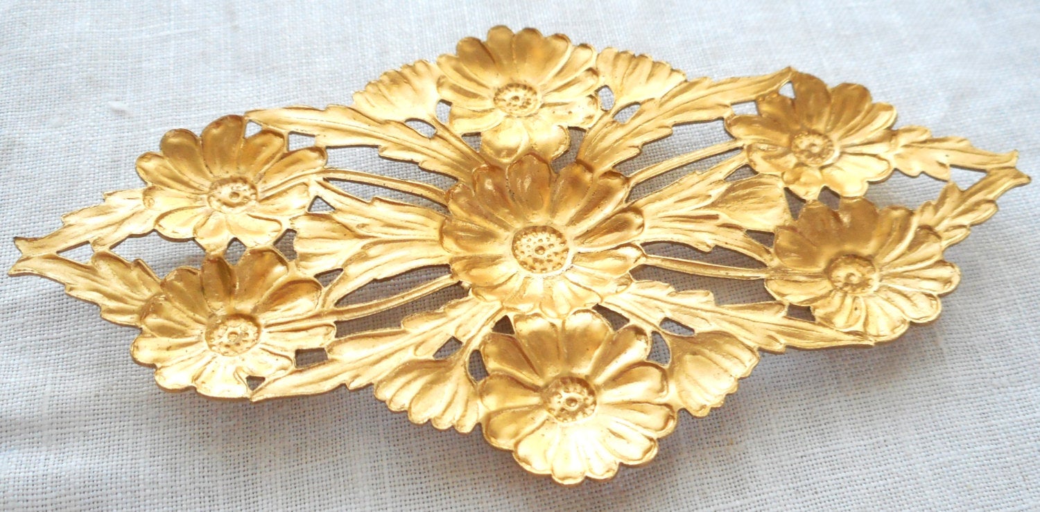 1 large raw brass Art Nouveau, Deco, Victorian Floral Filigree Dapt Connector, Pendant, stamping, ornament 80mm x 40mm made in the USA C5901 - Glorious Glass Beads