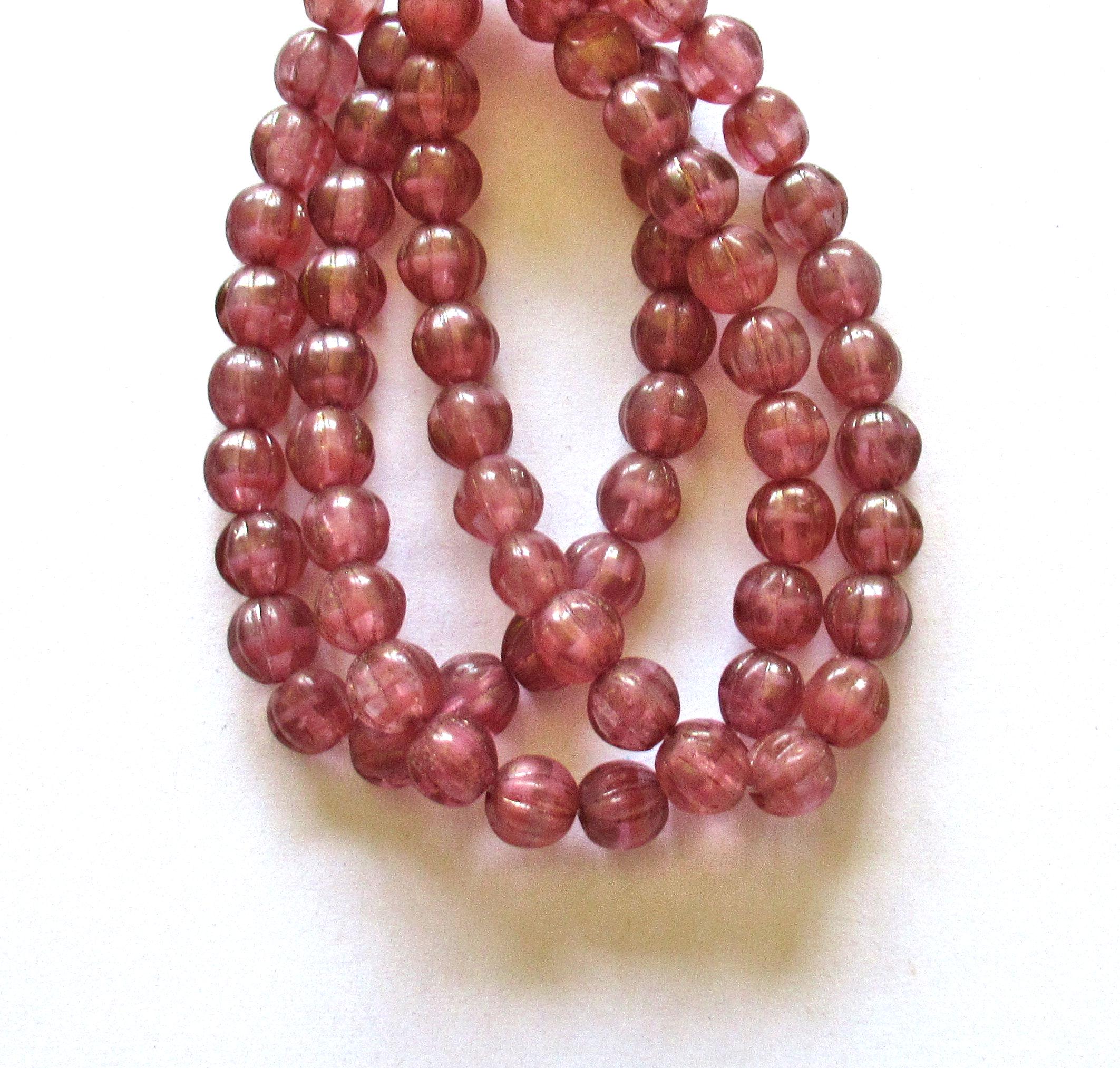 25 Czech glass melon beads - 6mm - translucent pink with a gold luster finish - C00351