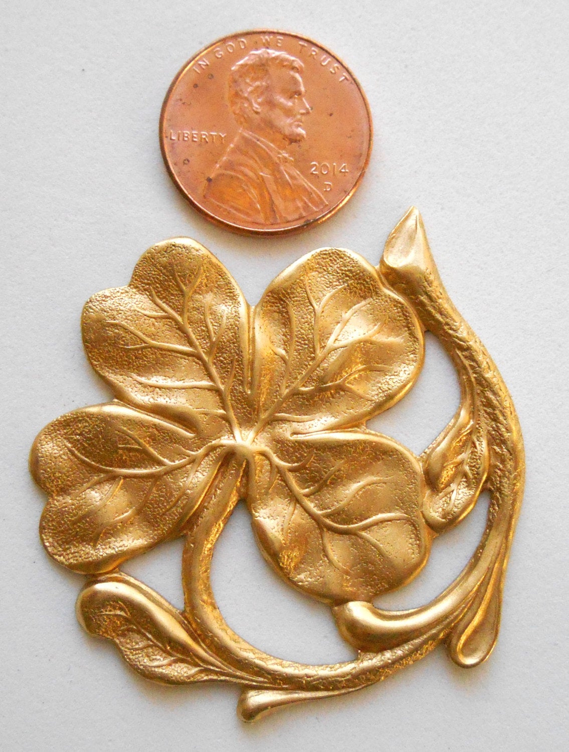 1 large raw brass shamrock, four leaf clover, ornament, pendant, connector, brass stamping, 42mm in diameter, made in the USA C3601 - Glorious Glass Beads