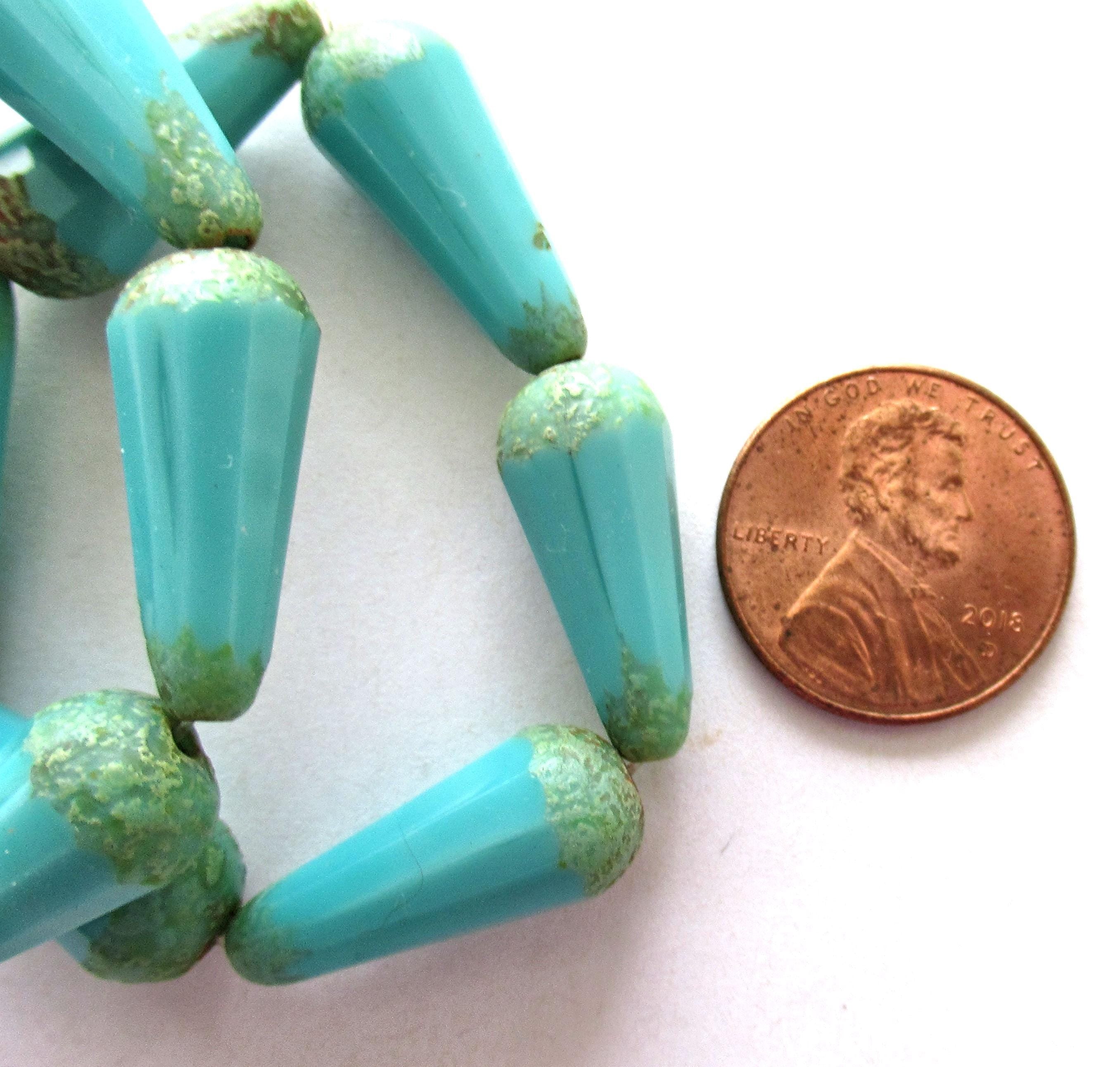 Six Czech glass long faceted teardrop beads - opaque turquoise blue w/ picasso accents - 9 x 20mm elongated tear drops 00542