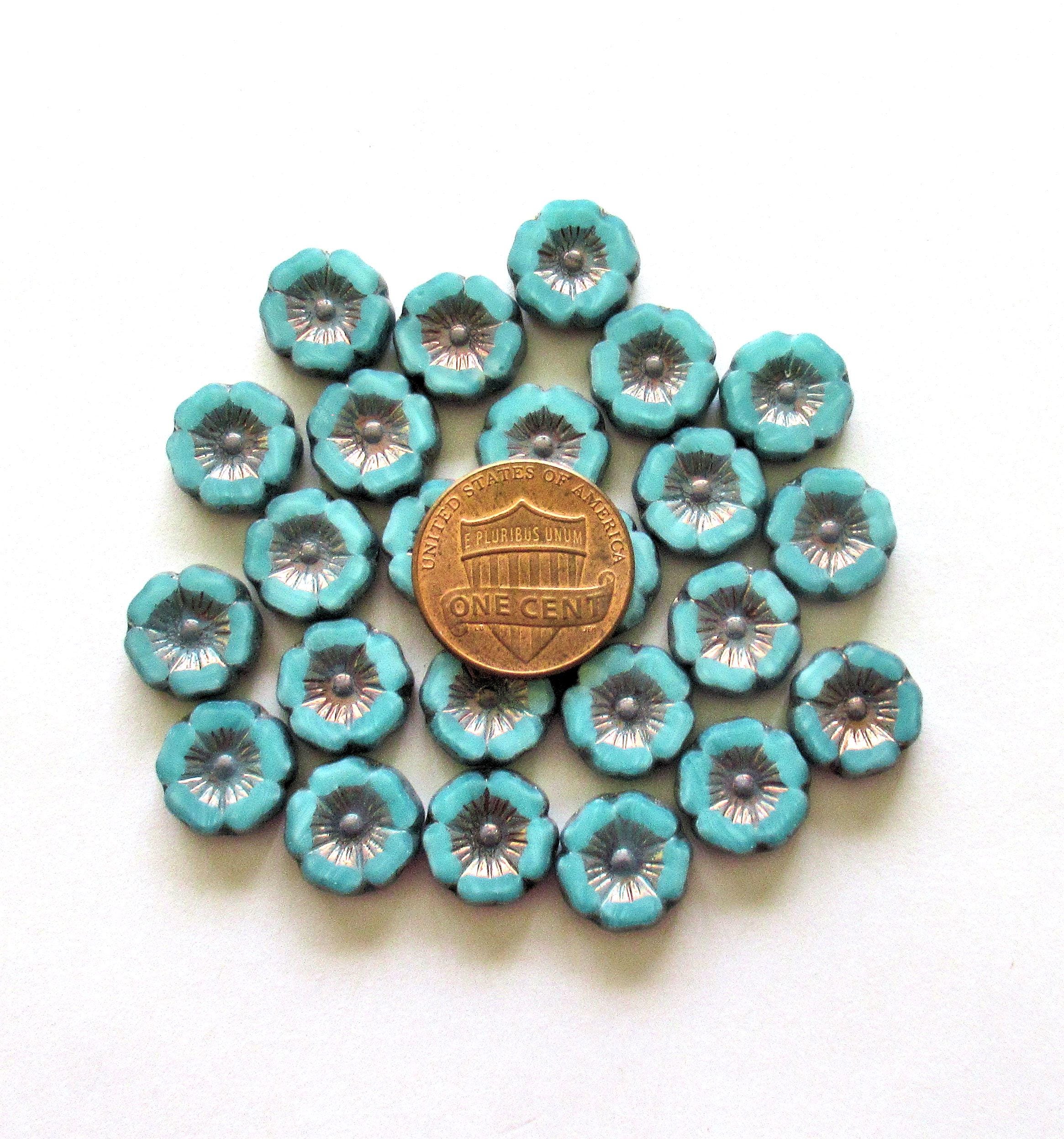 Czech glass flower beads - 12mm - sky blue silk w/ purple bronze accents - Vaseline glass - table cut carved flowers - 8 beads - C00352