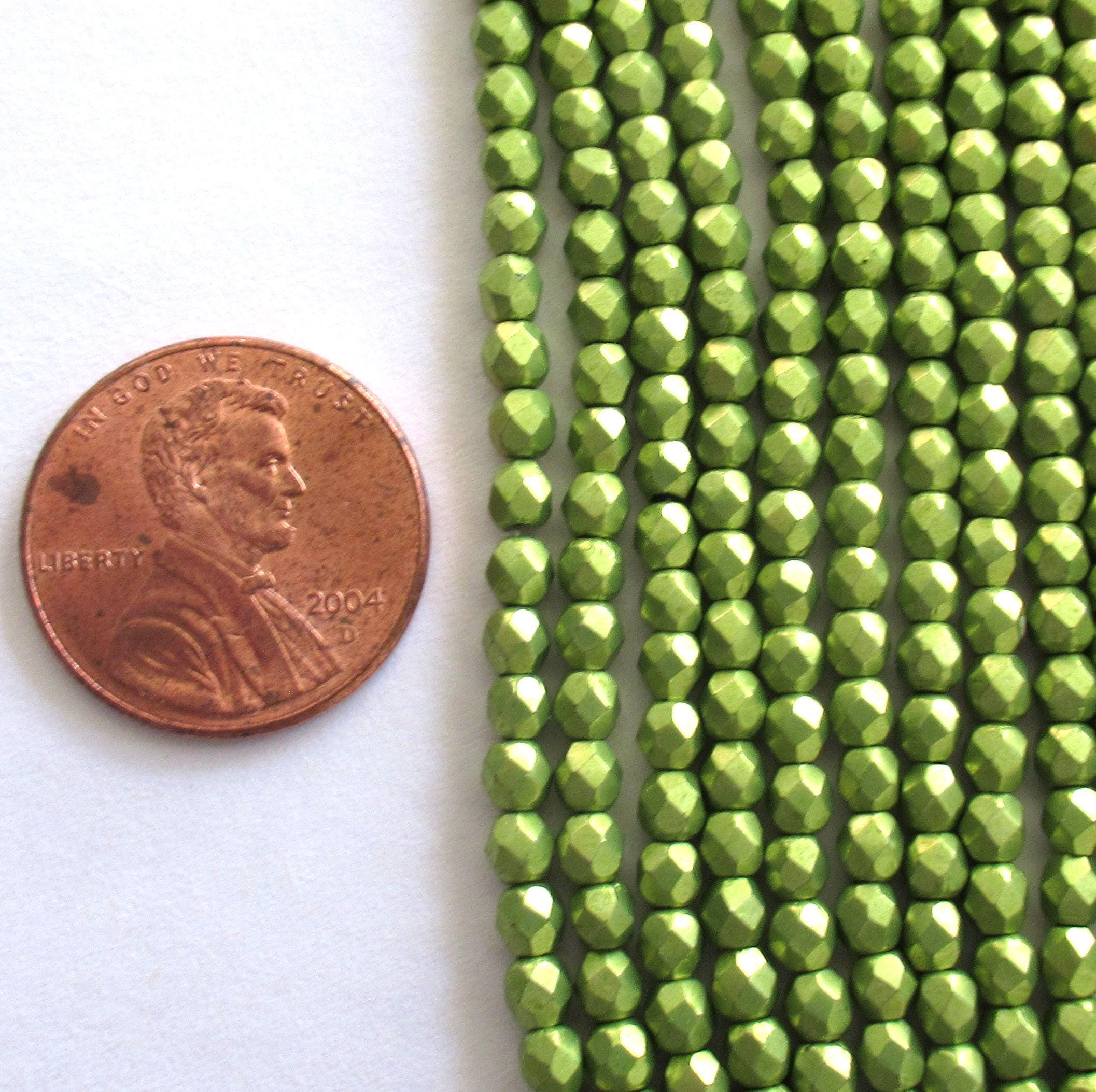 50 3mm Czech glass beads - bright lime green saturated metallic fire polished faceted round beads - C0024