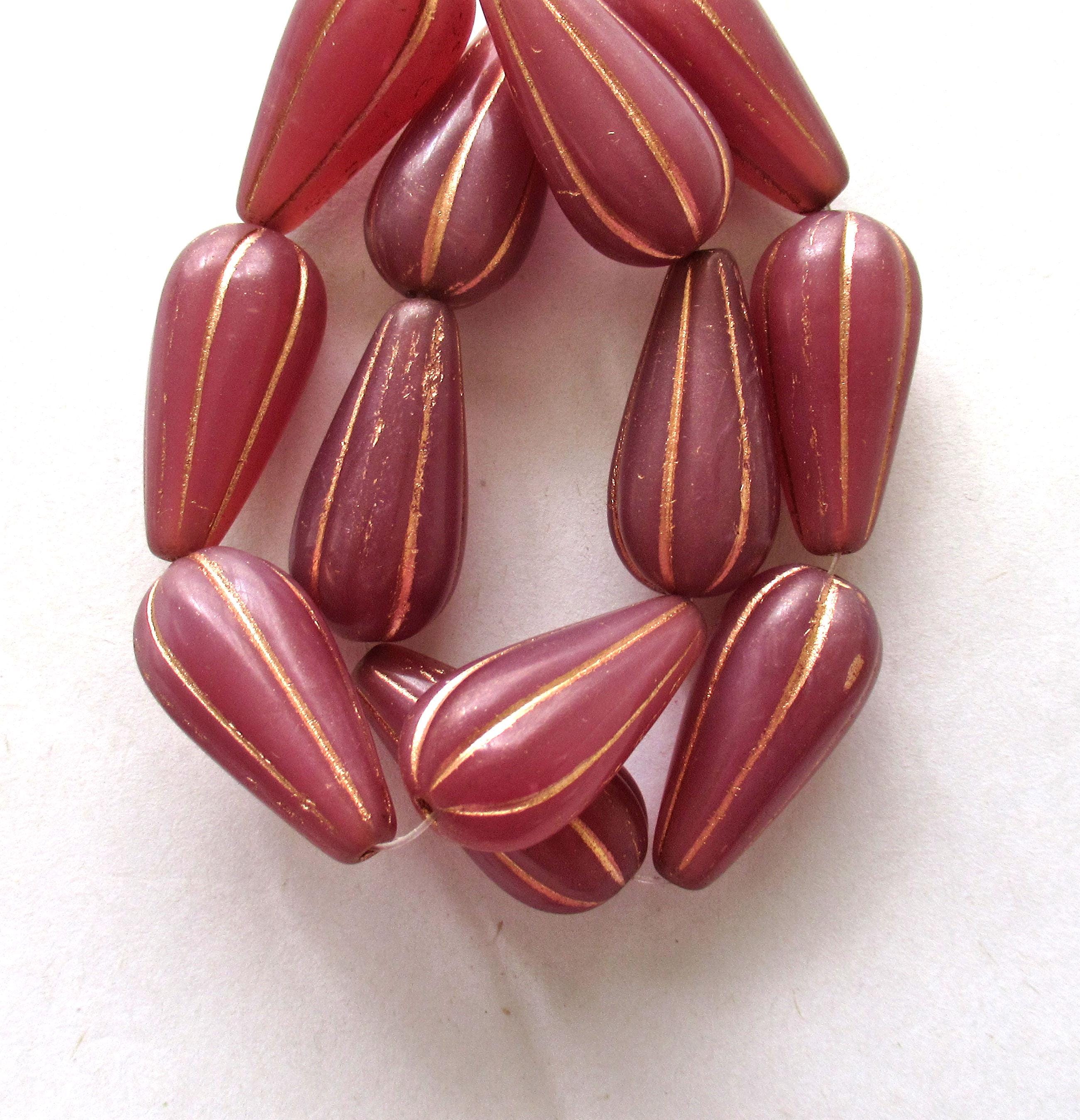 Six large Czech glass teardrop melon beads - milky pink opal w/ copper accents - 22 x 11mm tear drops 00391