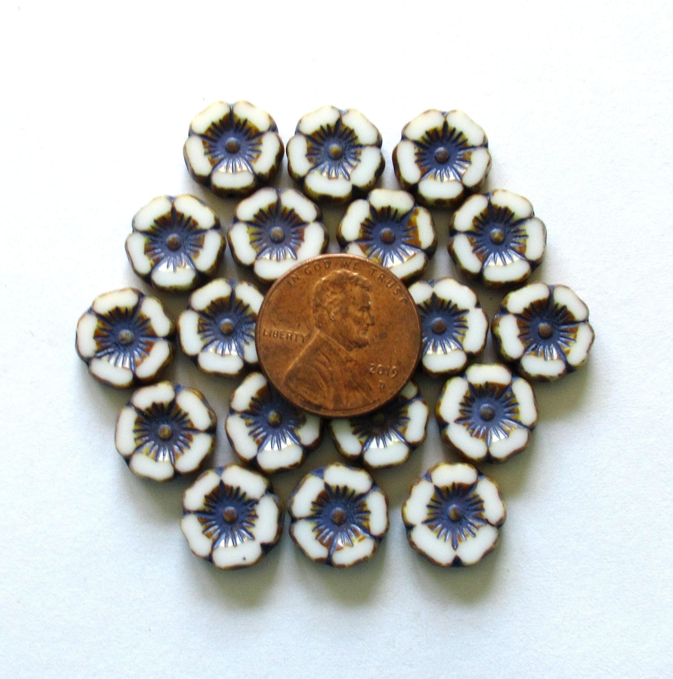 8 Czech glass flower beads - 12mm table cut, carved - opaque white picasso Hawaiian flower beads with a dark purple wash - C00561