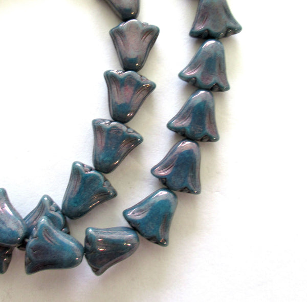 15 Czech glass flower beads - 10 x 10mm opaque blue beads with a purple luster finish - lily flower beads - 00441