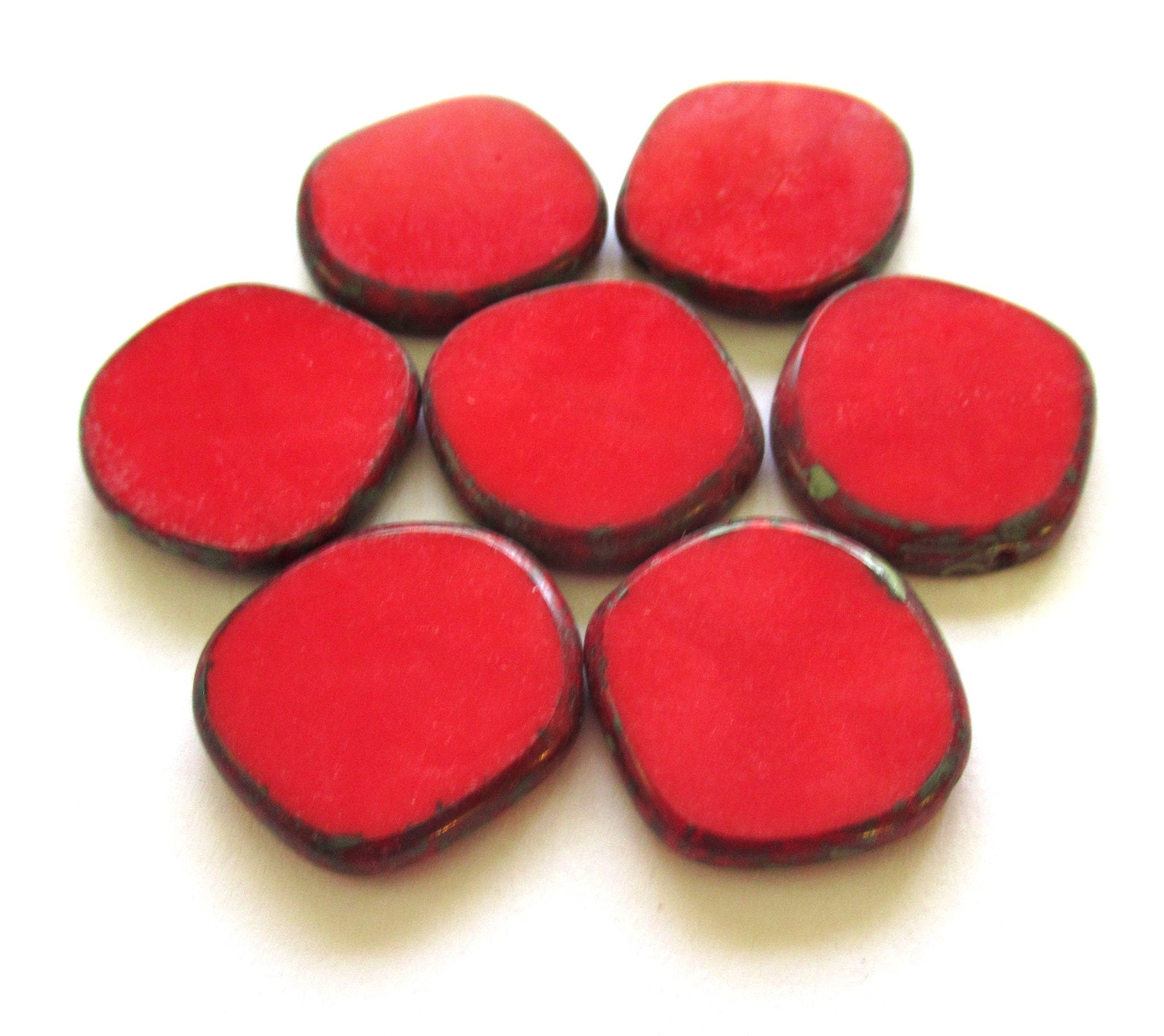 Four 22mm Czech glass asymmetrical coin or disc beads - opaque red Picasso rustic earthy beads - C00871