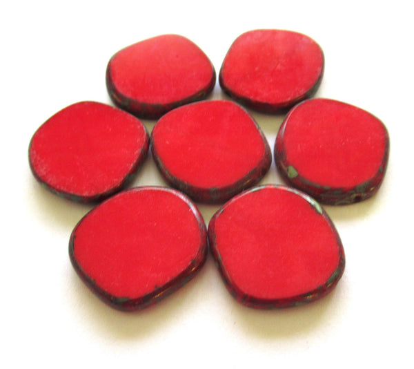 Four 22mm Czech glass asymmetrical coin or disc beads - opaque red Picasso rustic earthy beads - C00871