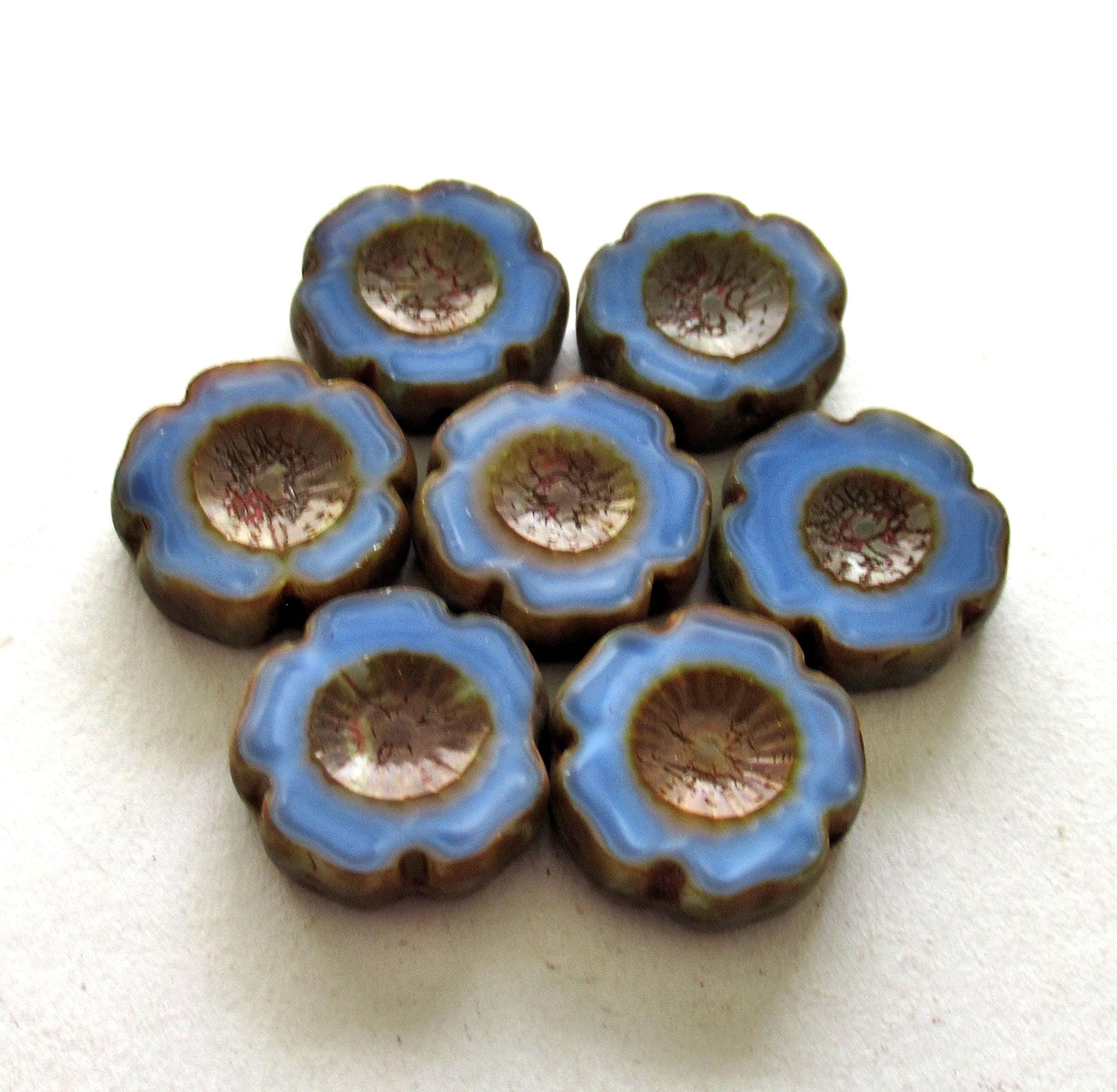 Six Czech glass flower beads - 14mm - marbled cornflower blue w/ picasso accents - table cut carved - Hawaiian hibiscus flower beads C00501