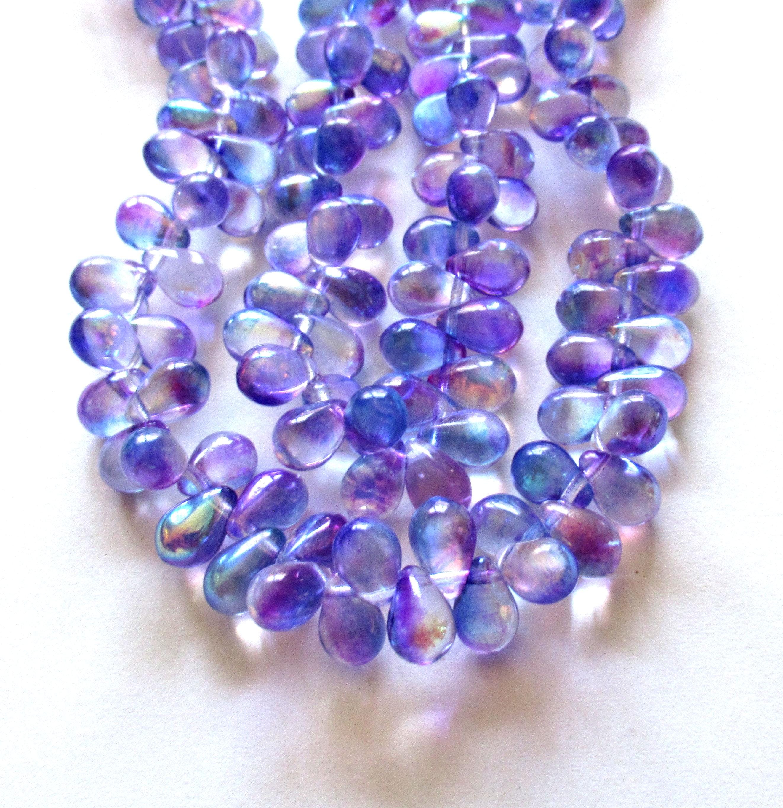 Lot of 25 Czech glass drop beads - side drilled - blue & purple AB mix - smooth teardrop beads - 9 x 6mm - C00221