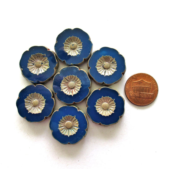 Two large 22mm Czech glass flower beads - Table cut carved blue picasso beads - Hawaiian hibiscus focal flower beads - 00881