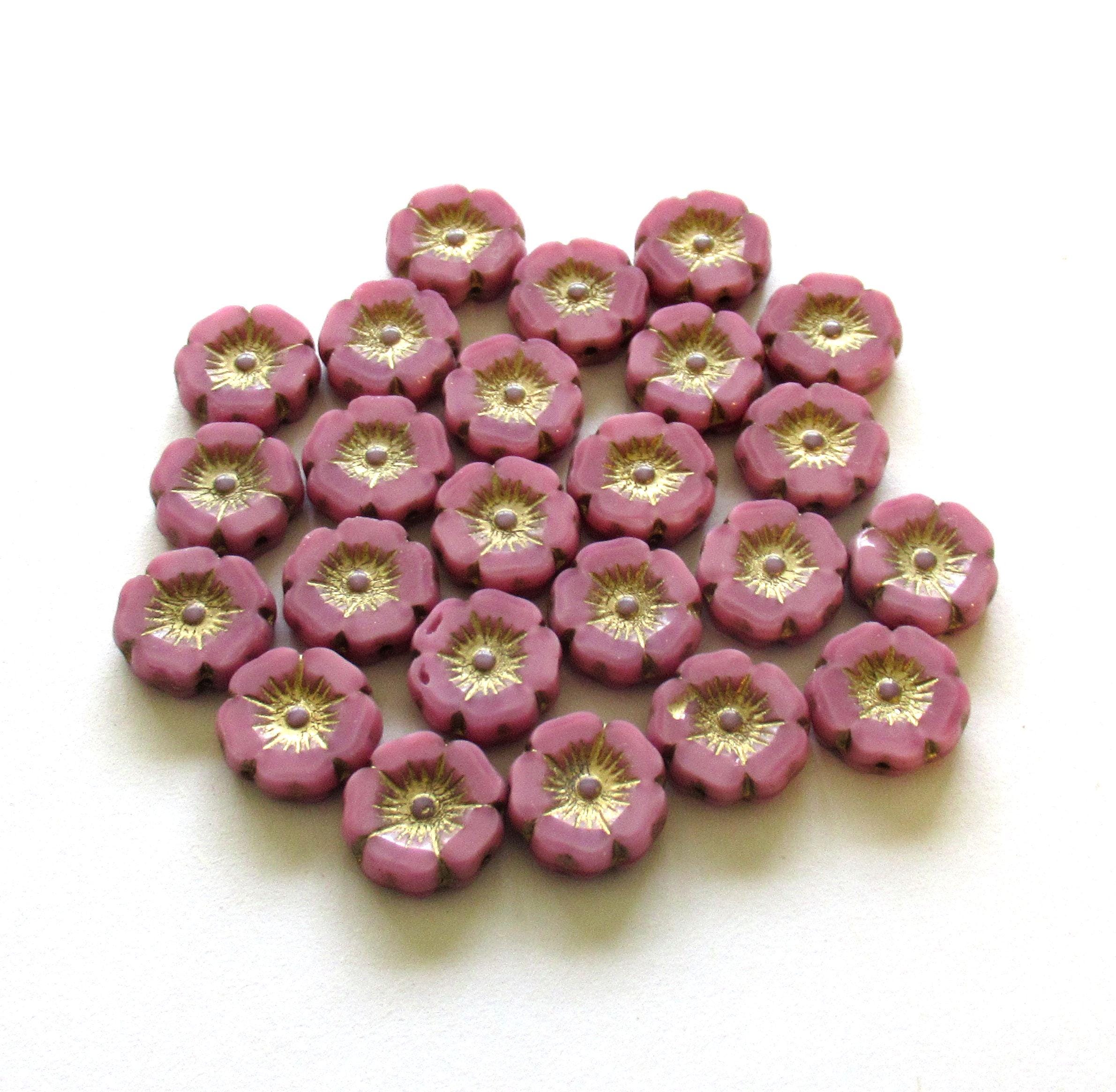 Czech glass flower beads - 12mm - opaque marbled pink &gold silk beads - table cut carved Hawaiian hibiscus floral beads - 8 beads - C00392