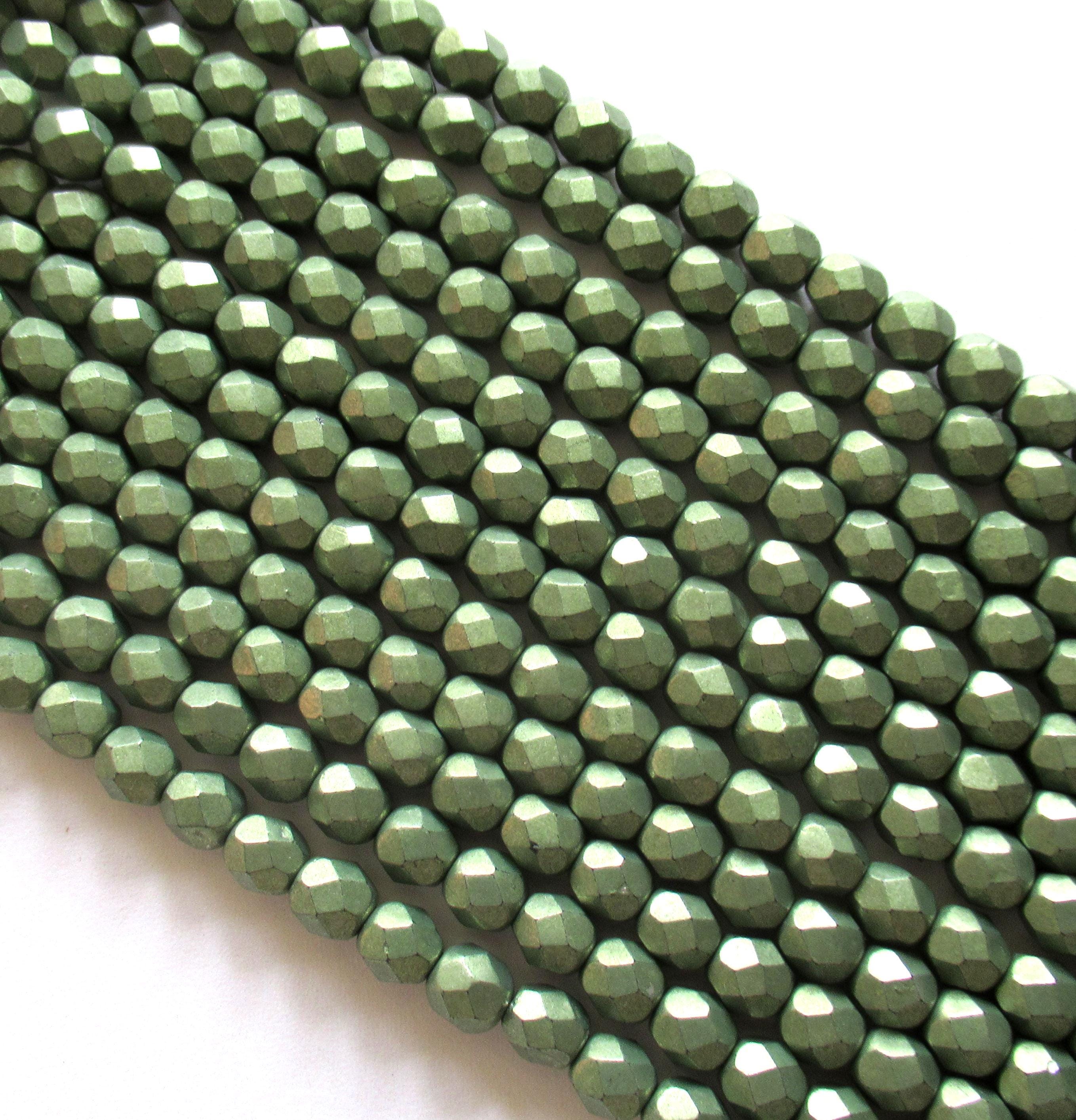 25 6mm Czech glass sage green beads - Saturated Metallic Greenery - faceted round beads - C0034
