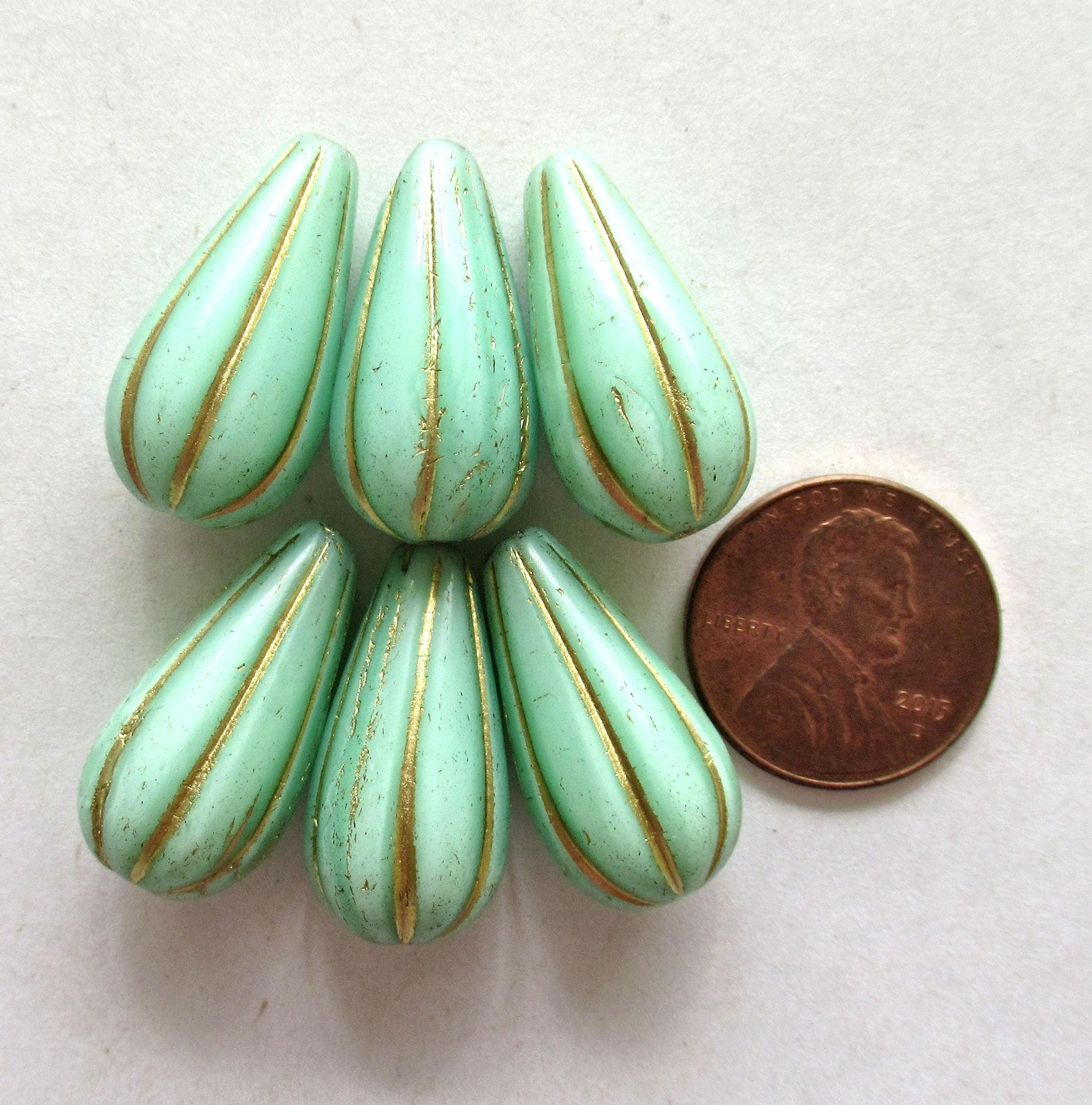 Six large Czech glass teardrop melon beads - mint green w/ gold accents - 22 x 11mm tear drop beads 00391
