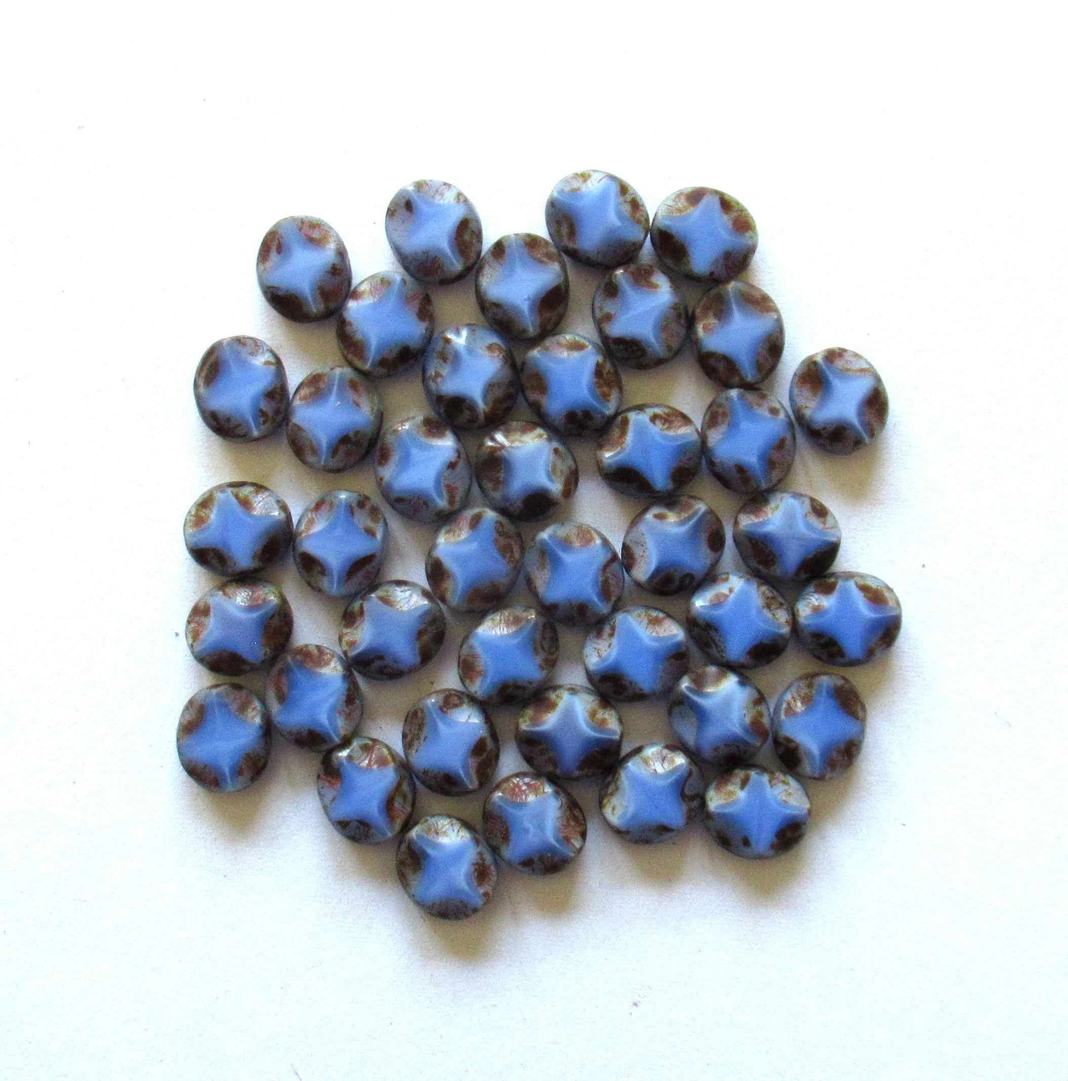 10 Czech glass oval beads - 9 x 8mm - blue w/ picasso accents - carved table cut beads with a diamond pattern - C0121