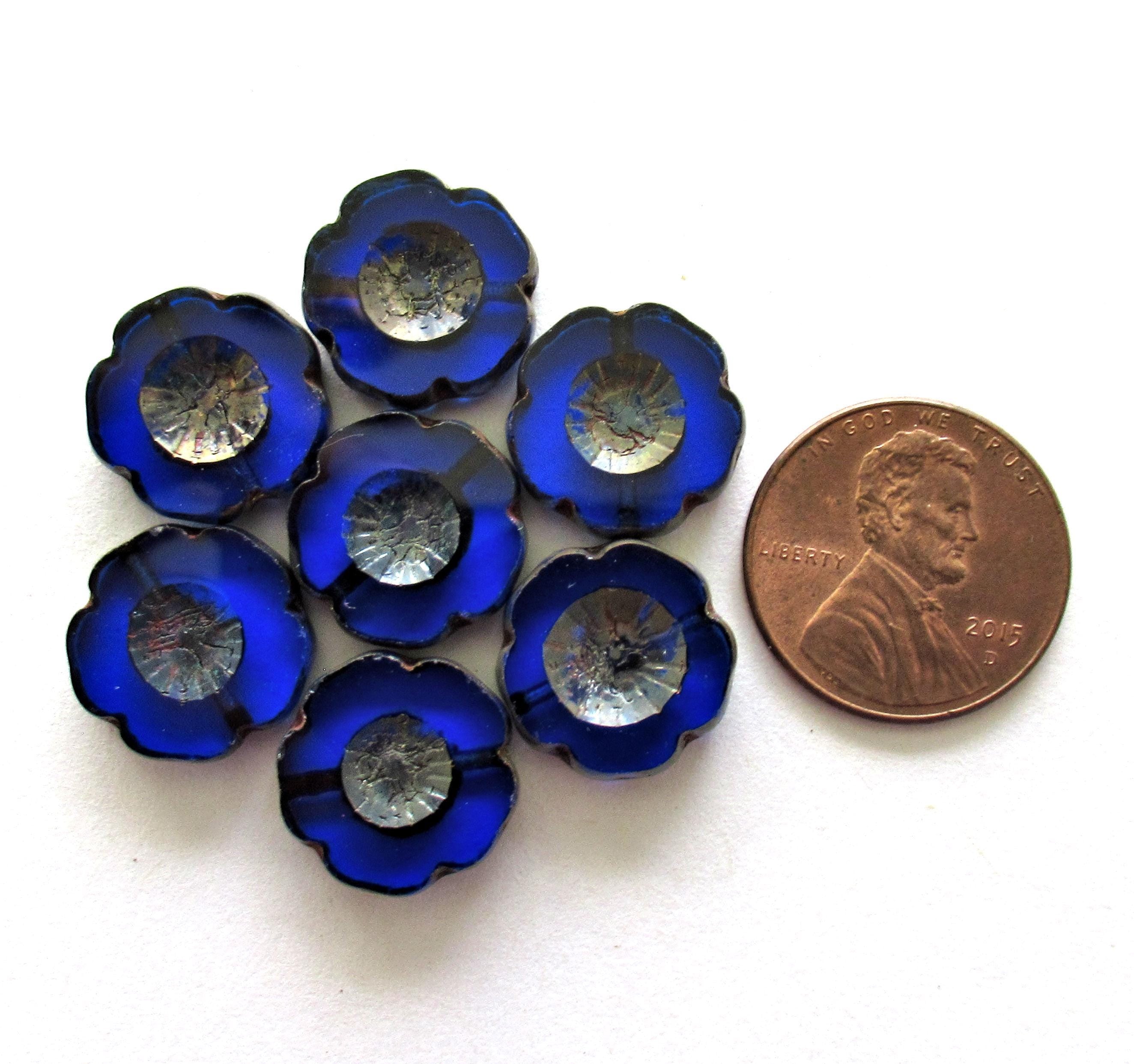 Six 14mm Czech glass flower beads - table cut carved cobalt blue picasso Hawaiian hibiscus flowers - C00021