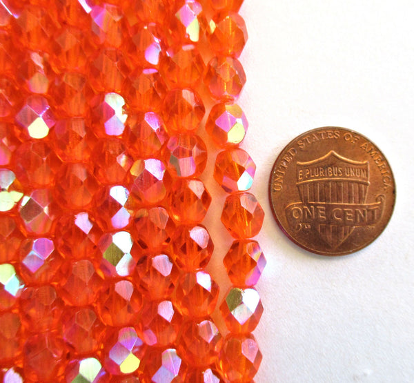 25 6mm Czech glass beads - Hyacinth Orange AB beads - fire polished faceted round beads C0037