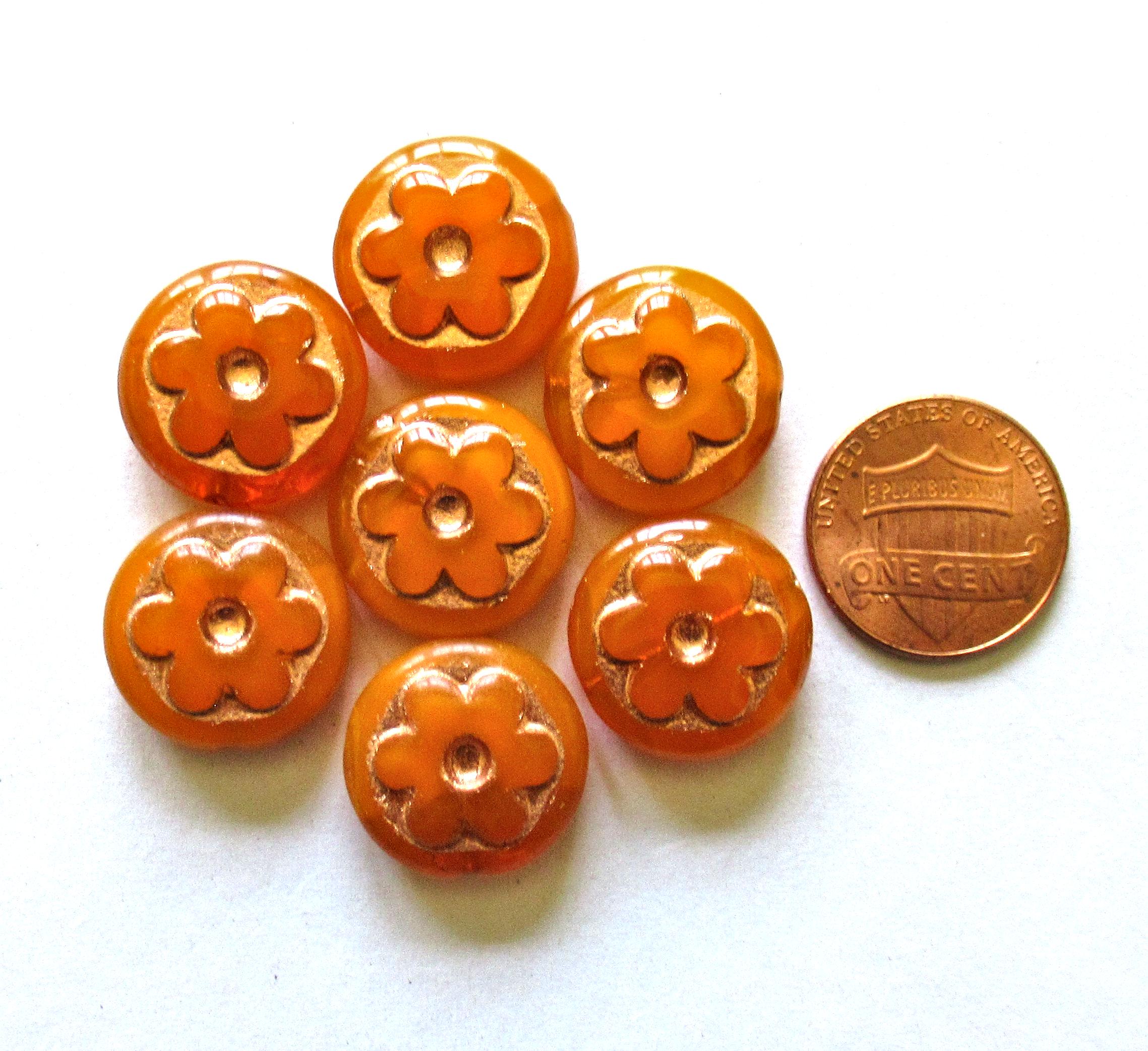 6 Czech glass flower coin beads - 17mm - orange opal w/ a copper wash - retro, groovy flower power beads - C00391