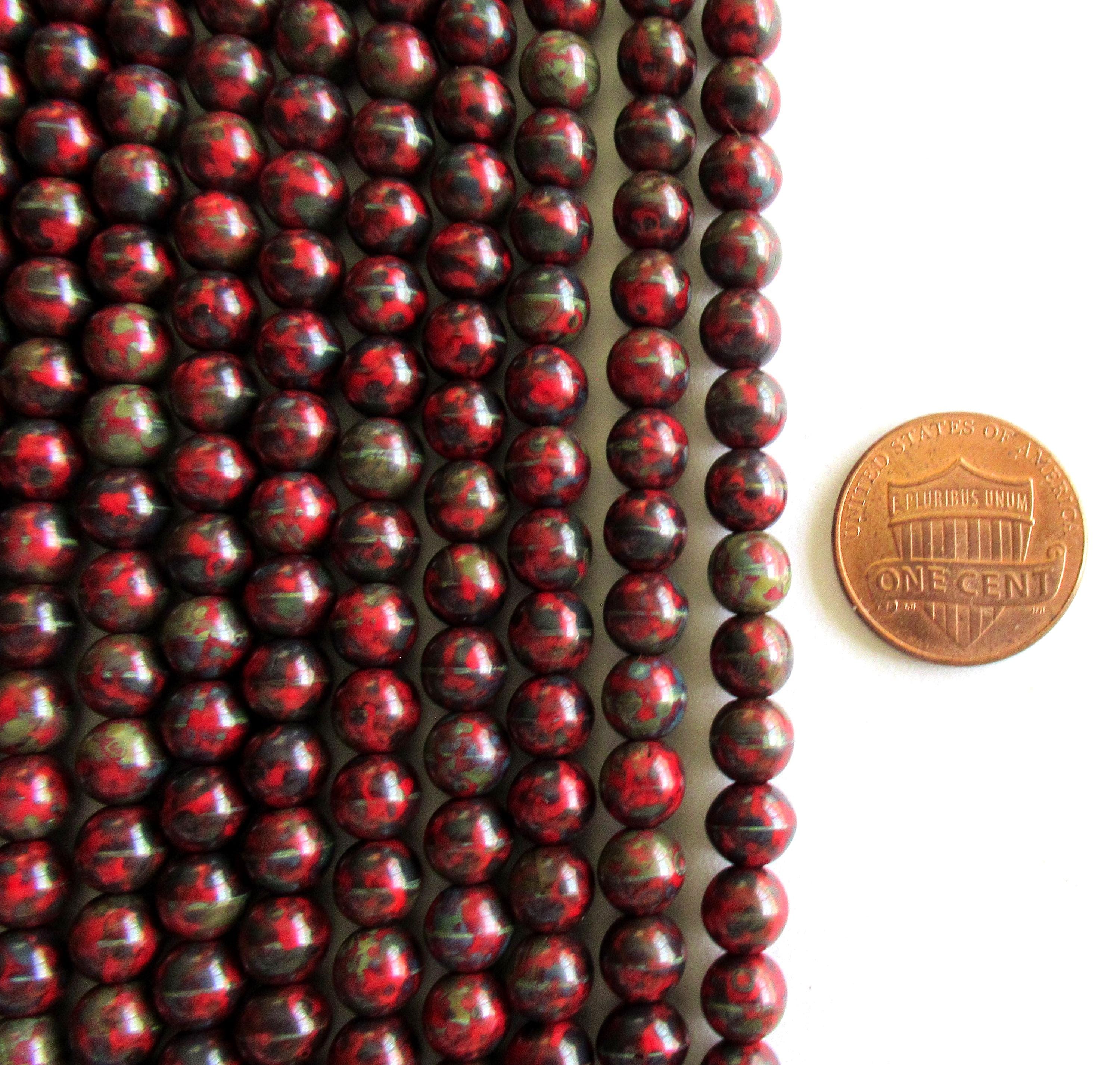 50 6mm Czech glass druk beads - opaque dark red beads with a full picasso coat - earthy rustic smooth round druks - C0029