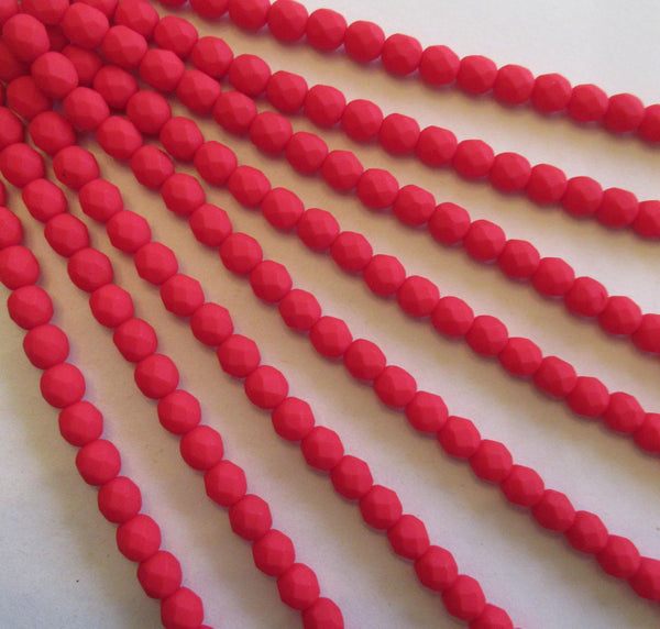 25 6mm Czech glass faceted red beads - opaque Saturated Red matte beads - fire polished round beads - C0016