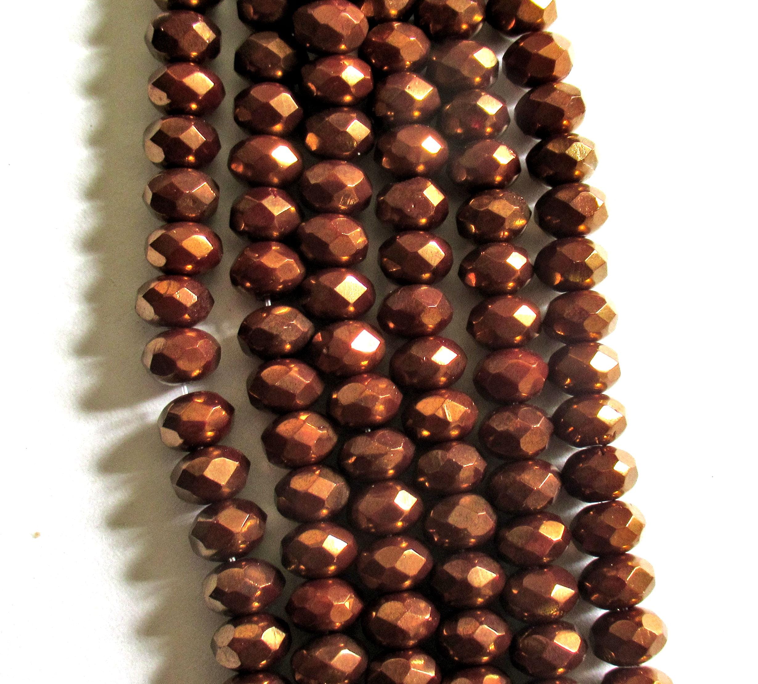 Lot of 25 Czech glass puffy rondelle beads - 5 x 7mm metallic bronze / brown faceted rondelles C0089
