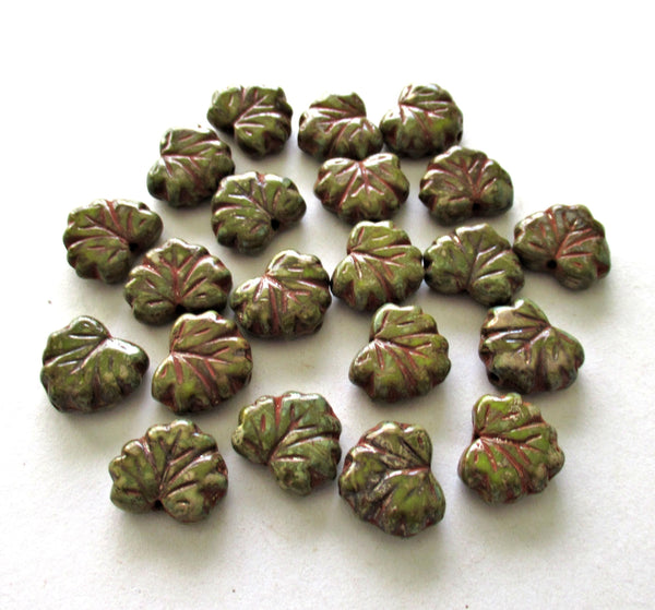 15 large Czech glass maple leaf beads - opaque green picasso beads - 10 x 13mm -earthy rustic leaves - C00002