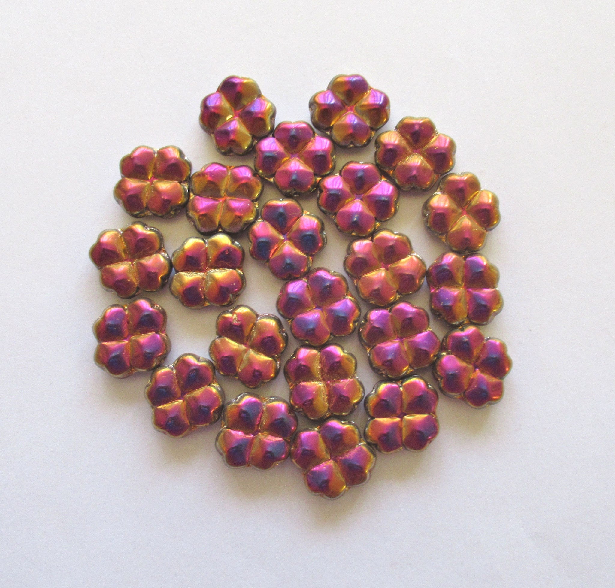 Eight 15mm Czech glass clover beads - metallic gold marea four leaf clover shaped beads - 00011