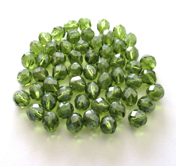 25 8mm Czech glass beads - olivine green iridescent shimmer faceted beads - C0037