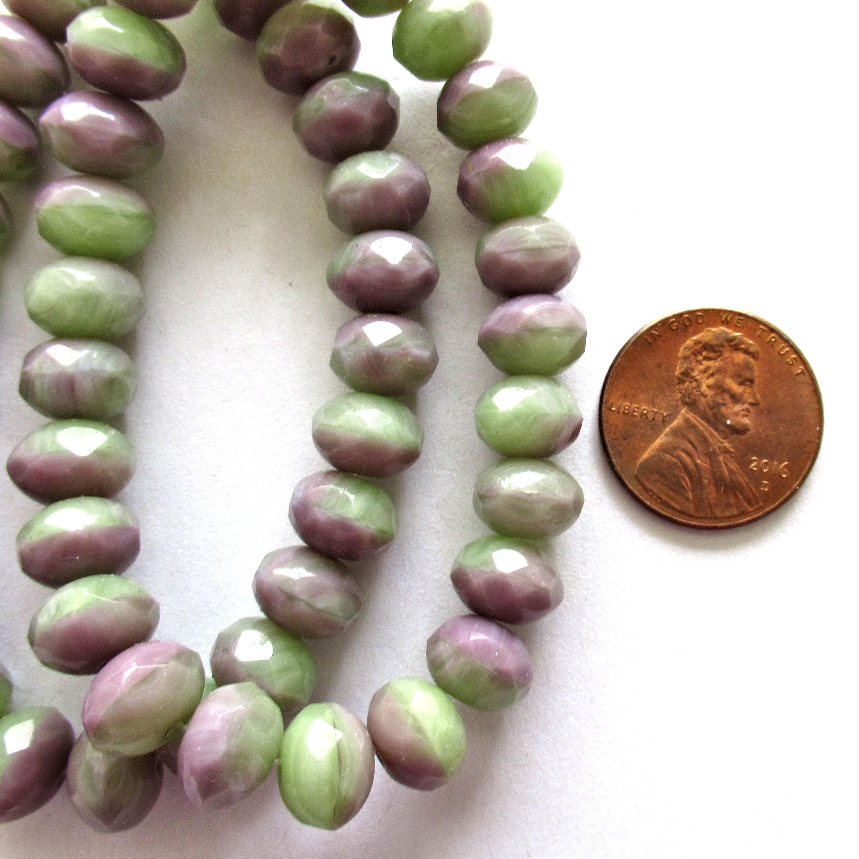 25 Czech glass puffy rondelles - marbled mix of opaque light purple & green - 6 x 9mm - faceted donut beads, C00662