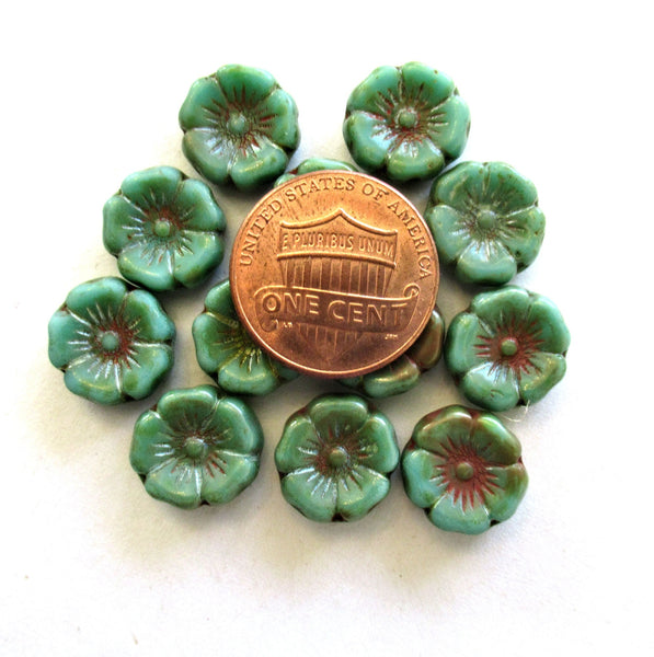 12 Czech glass flower beads - opaque turquoise blue green picasso - 12mm Hawaiian Hibiscus floral beads C00571