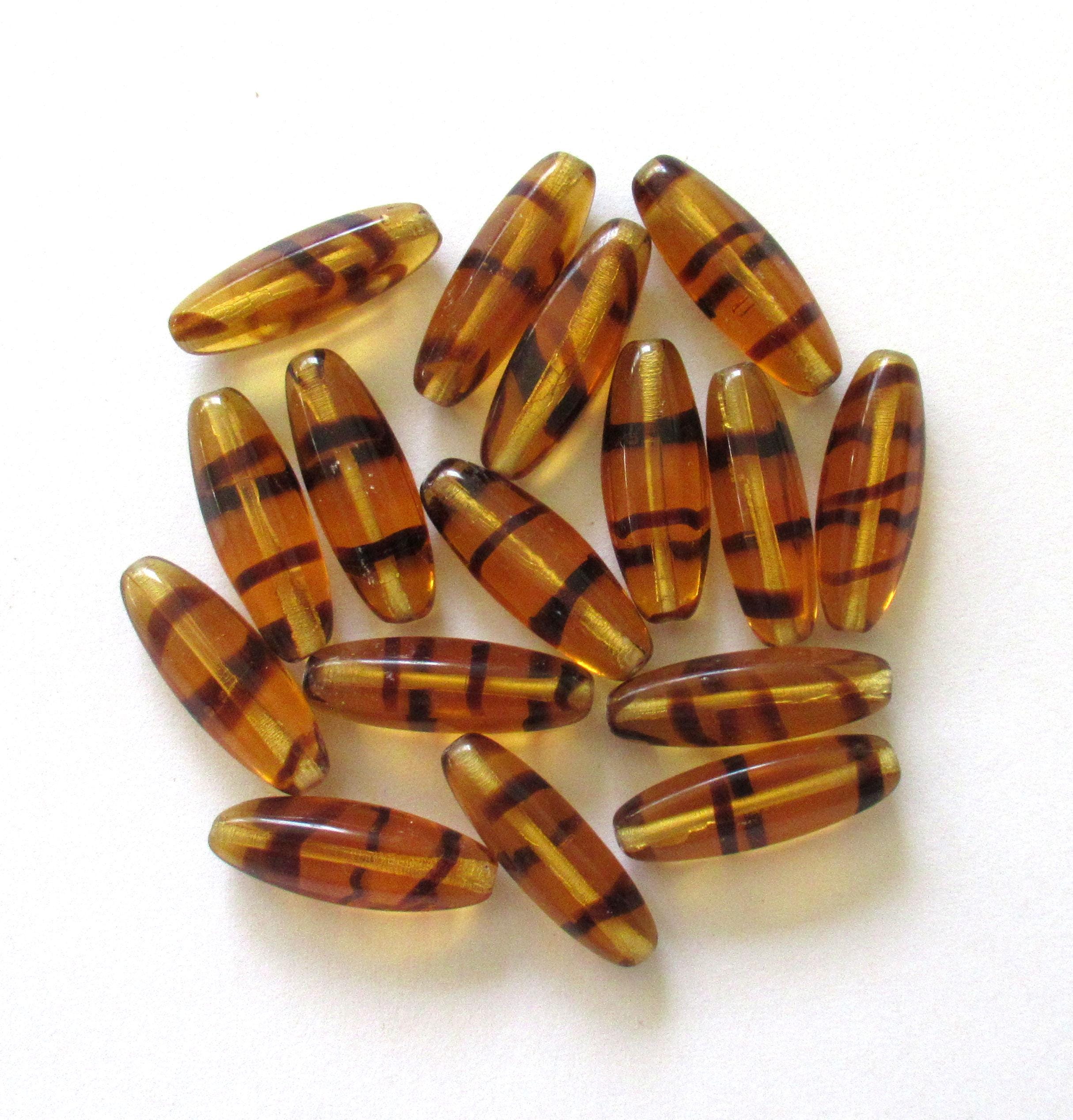 Large Czech glass tube beads - tortoiseshell amber beads - 22 x 9mm - 10 beads - C0038