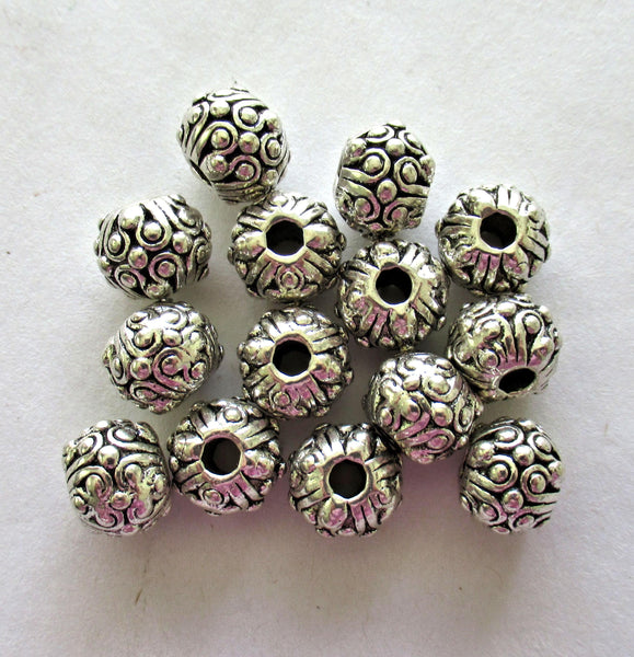 Antique Tibetan style - silver tone metal alloy beads - 10mm - ornate round big hole beads - 15 pieces - C00051
