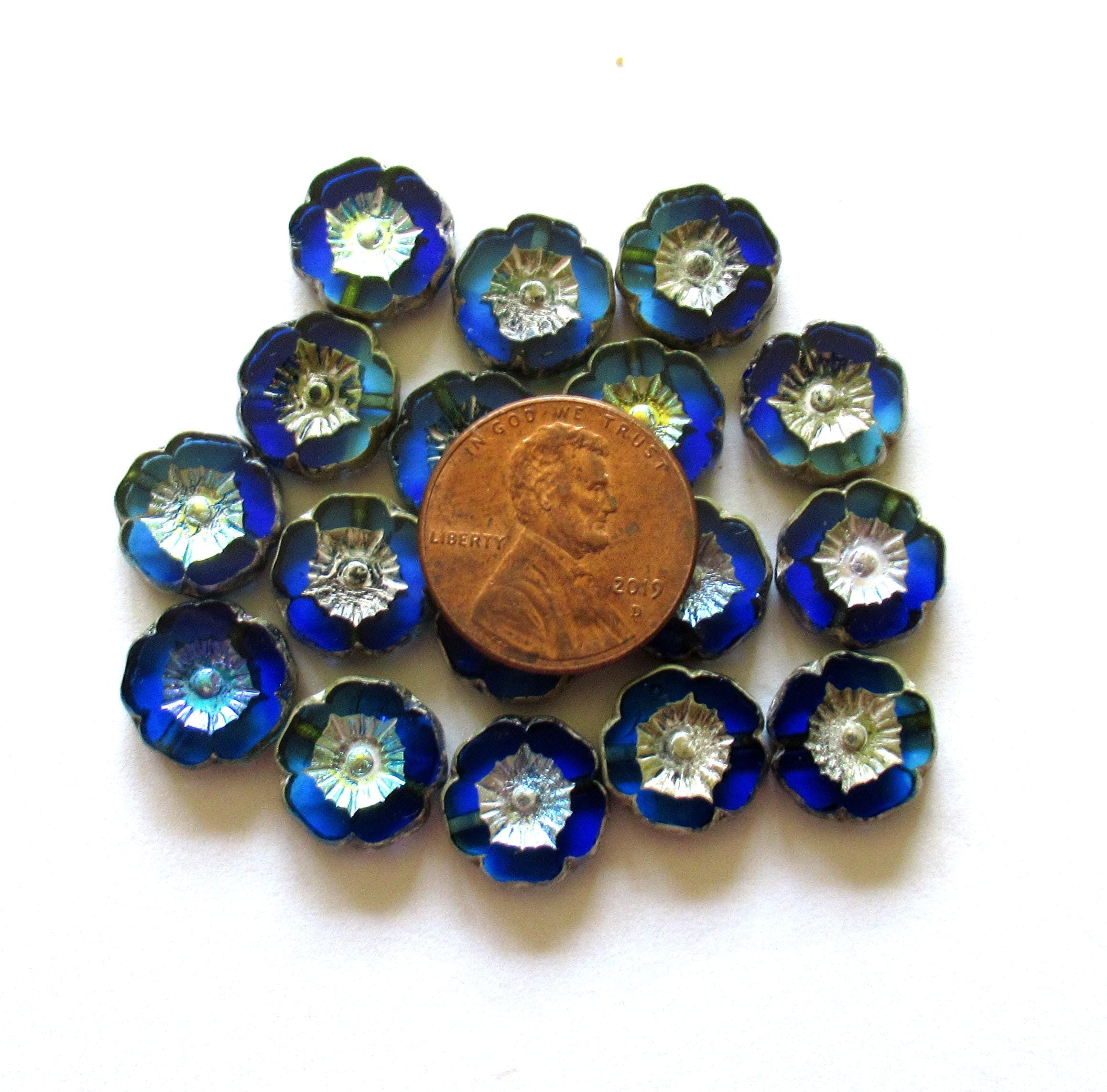 Czech glass flower beads - 12mm - sapphire & aqua blue AB w/ silver accents - table cut Hawaiian hibiscus flowers - 8 beads - C00042