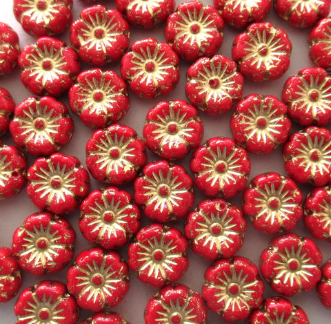 Lot of 15 8mm Czech glass flower beads - opaque red w/ gold accents - pressed glass Hawaiian flower beads C0038