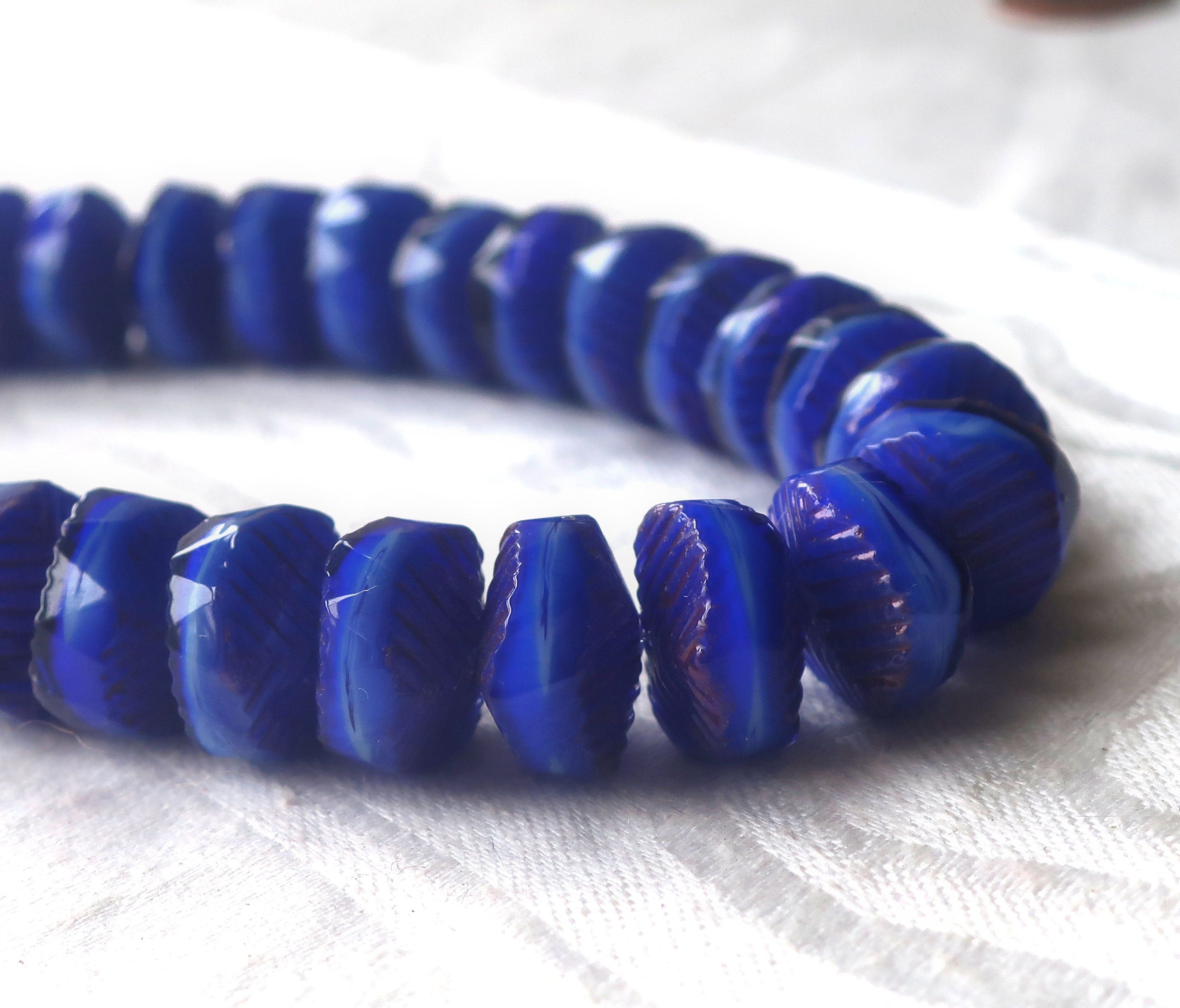 Six Czech glass faceted wavy rondelle beads - large 14 x 6mm royal blue & white with purple/bronze finish - chunky statement beads - C00991