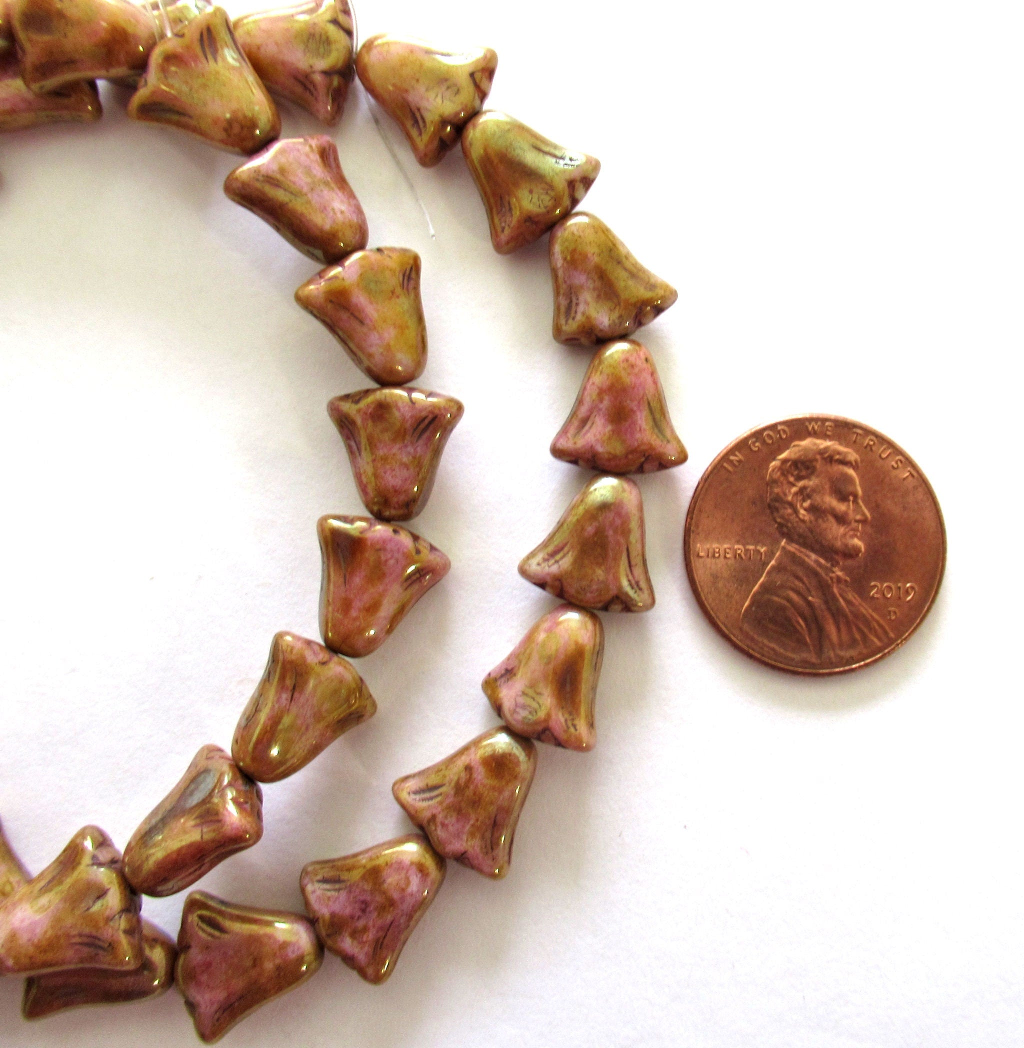 15 Czech glass flower beads - 10 x 10mm opaque pink with a goldstone picasso luster finish - lily flower beads C00441