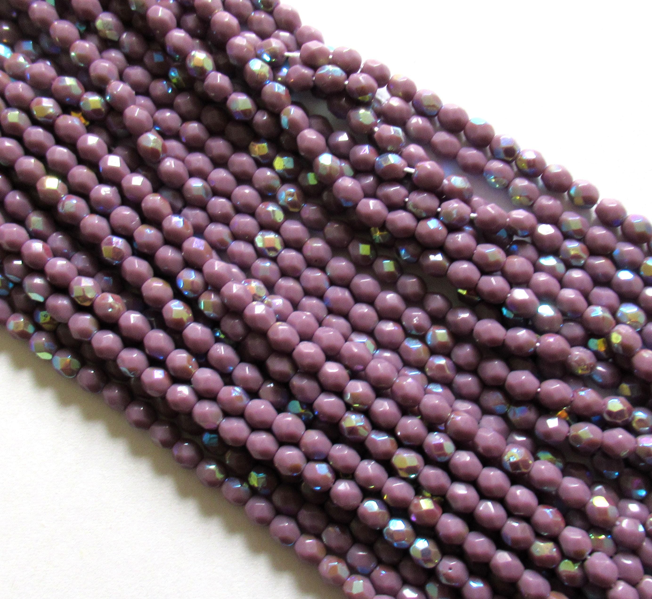 50 4mm Czech glass beads - Opaque Purple AB - faceted smooth round beads - C0066