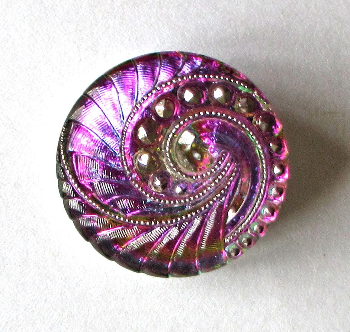 One large 27mm Czech glass button - iridescent pink & purple swirl w/ gold accents - decorative shank button - C00573