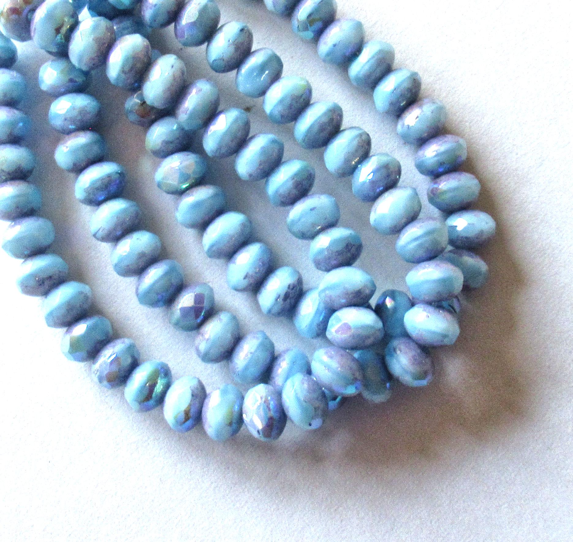 30 small Czech glass puffy rondelle beads - opaque baby blue AB w/ purple picasso accents - 3 x 5mm faceted beads - C00531