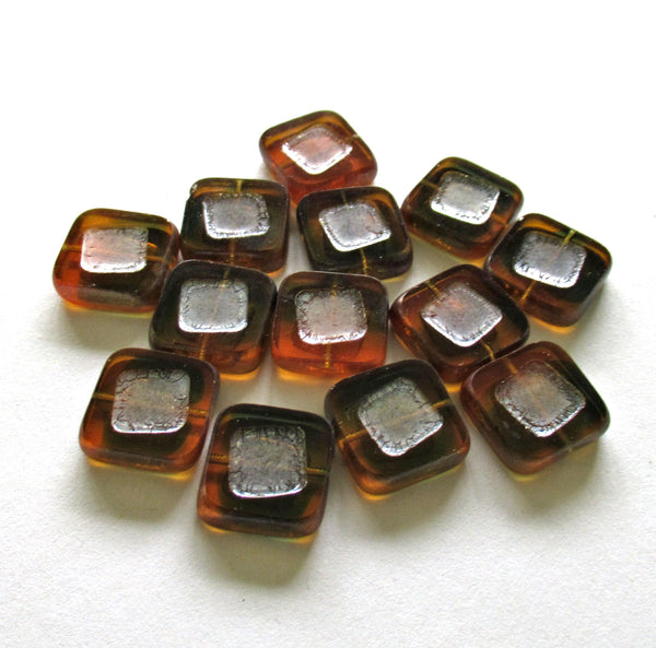 Ten large Czech glass square beads - light & dark topaz brown - 14 x 14mm - table cut carved - chunky rustic beads - C05201