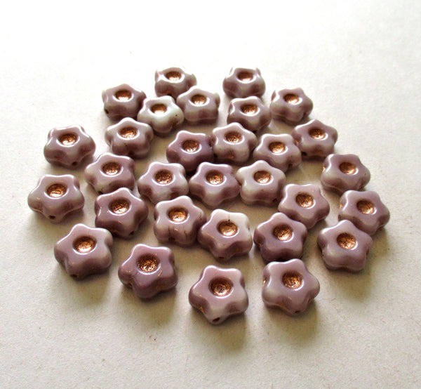 Czech glass flower or star beads - 11mm - opaque light amethyst purple / lavender beads with copper accents - 15 pieces - C00831