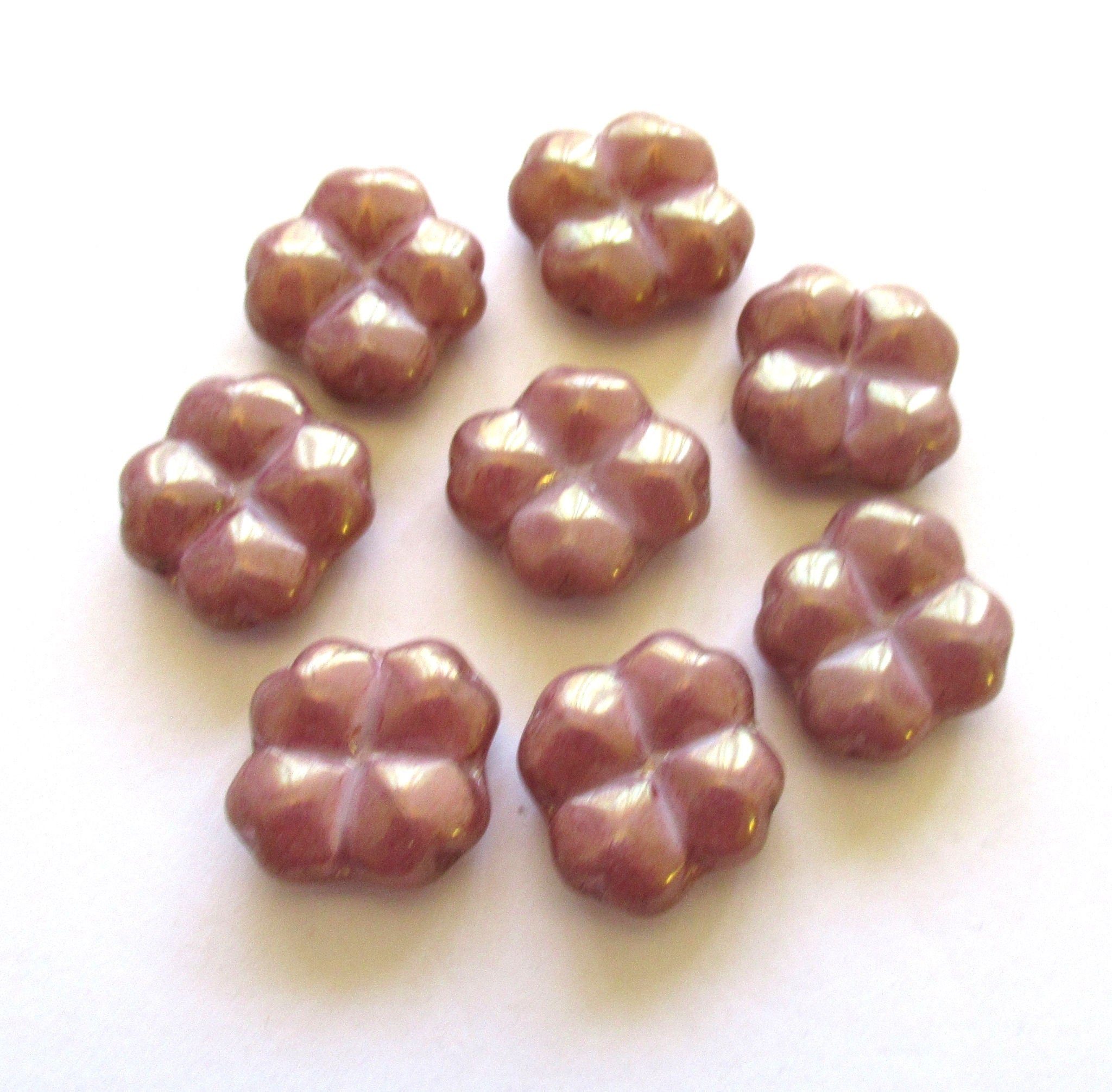 Eight 15mm Czech glass clover beads - opaque luster pink four leaf clover shaped beads - 00011