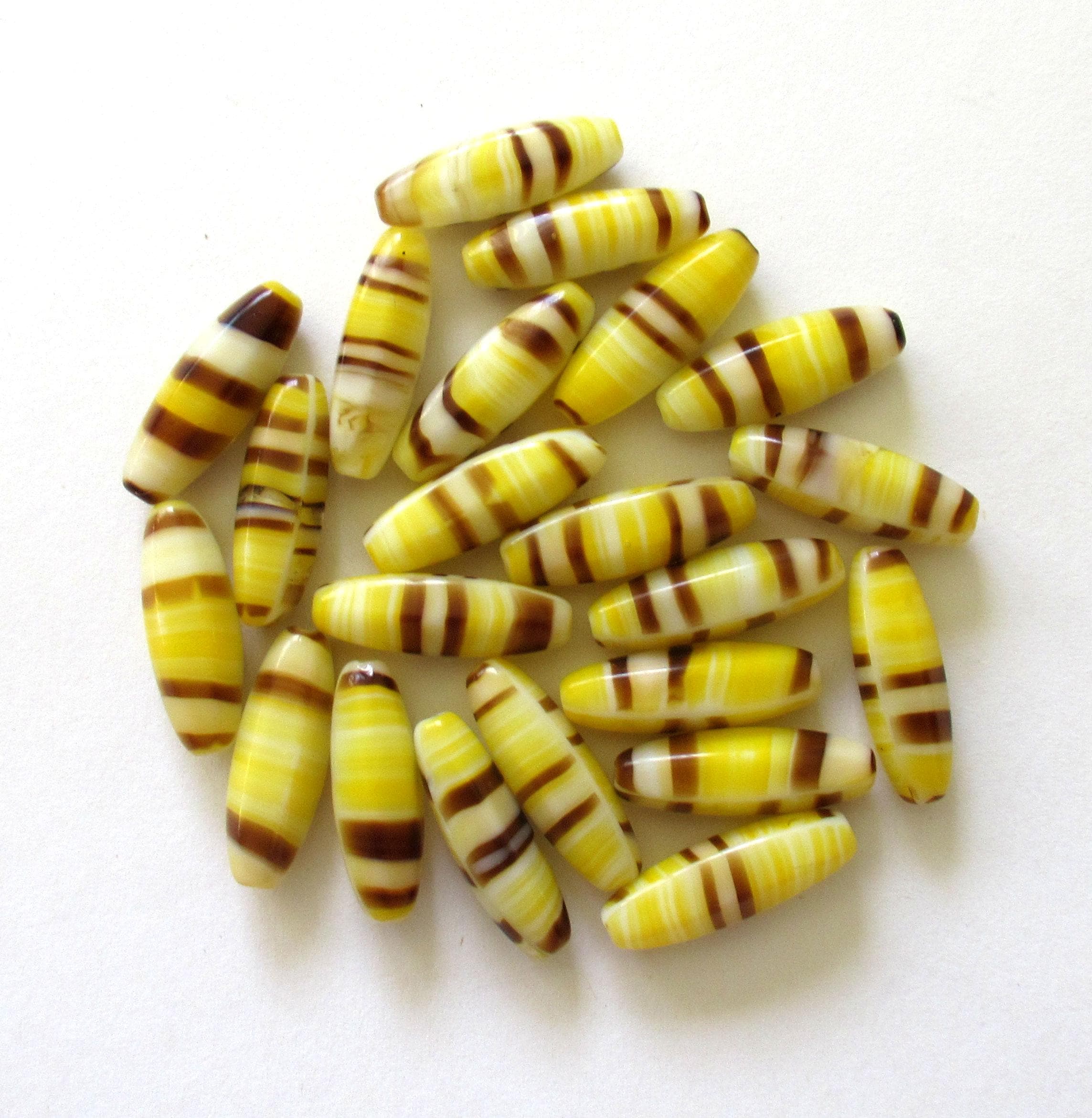 Large Czech glass tube beads - marbled yellow, brown & white striped - 22 x 9mm - 10 beads - C0038