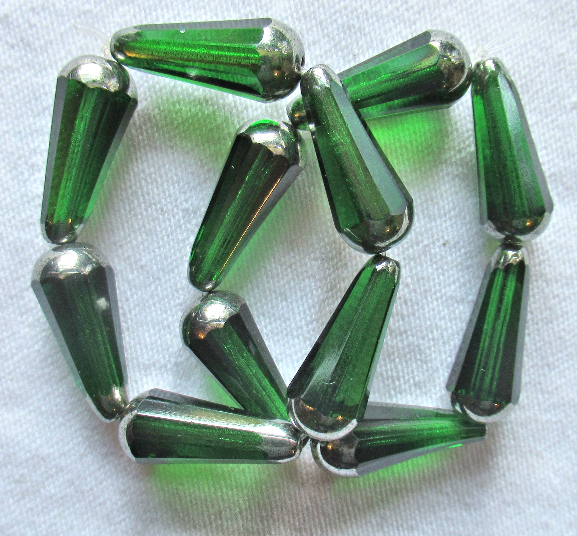 Six Czech glass long faceted teardrop beads - transparent emerald green w/ a silver finish on the ends - 9 x 20mm elongated tear drops 43206