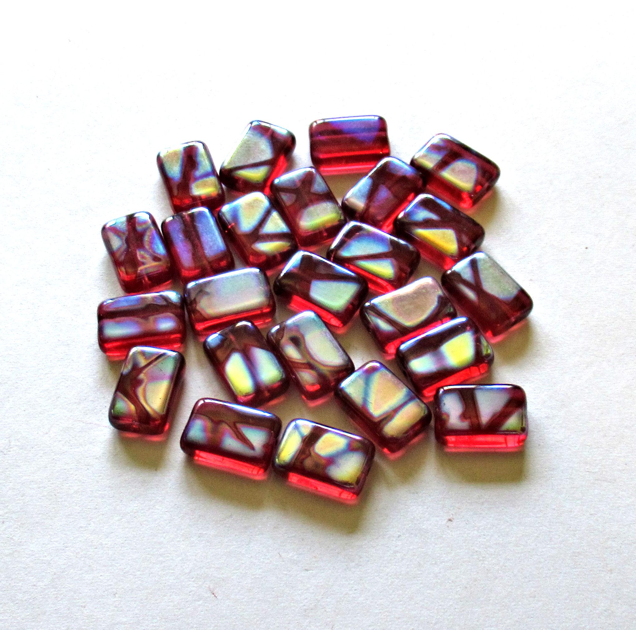 Ten Czech glass peacock rectangle beads - 8 x 12mm - ruby red with peacock accents - C0731