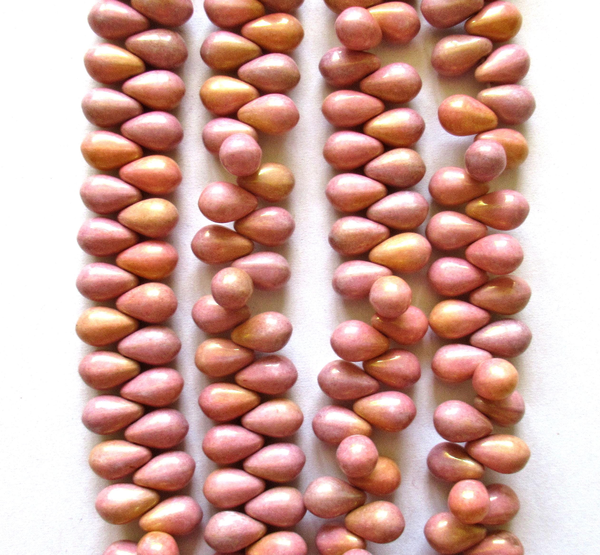 25 Czech glass drop beads - opaque pink & peach mix - side drilled - smooth teardrop beads - 9 x 6mm - 00121