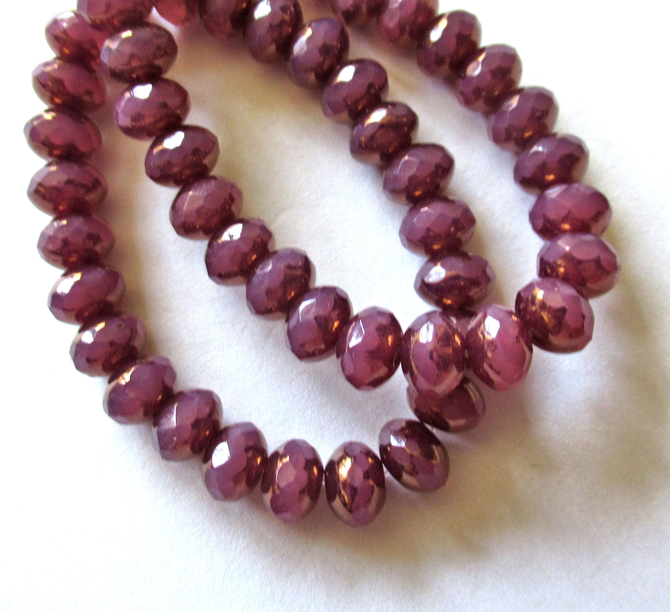 25 Czech glass faceted puffy rondelle beads - 5 x 7mm milky pink opal w/ gold accents - C00892