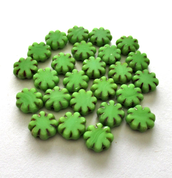 15 Czech glass flower beads - bright green picasso beads - 9mm - table cut cactus flower beads - C00261